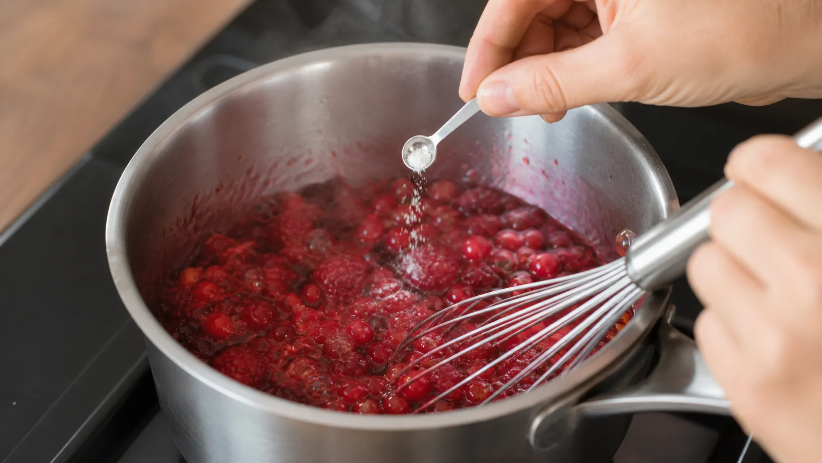 Beeren köcheln in einem Topf und werden mit Xanthan zu einer glänzenden Grütze gebunden