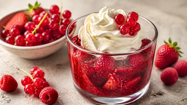 Glas mit dunkelroter Grütze aus Johannisbeeren und Himbeeren, darüber eine Haube Vanillesahne