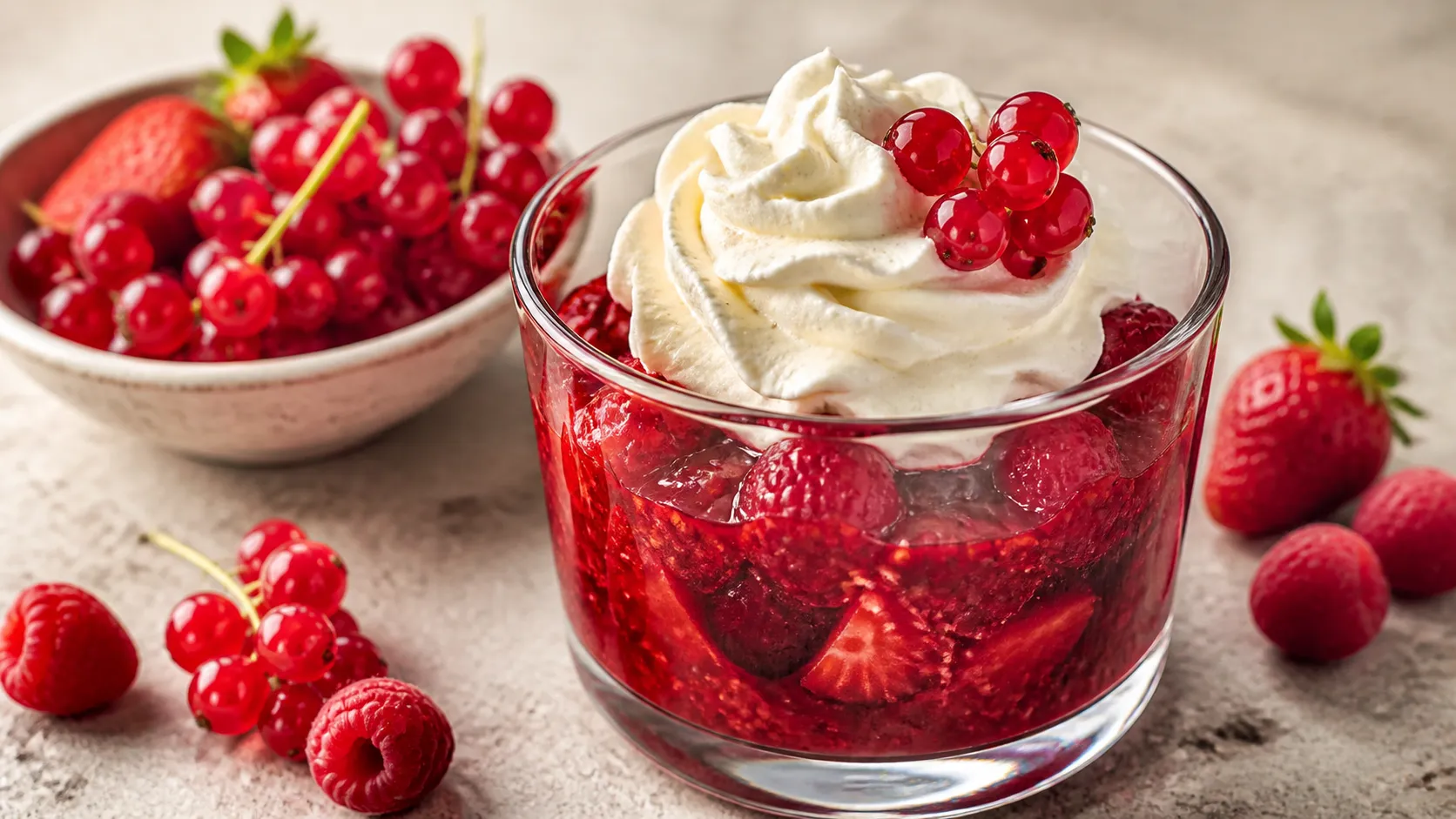 Glas mit dunkelroter Grütze aus Johannisbeeren und Himbeeren, darüber eine Haube Vanillesahne