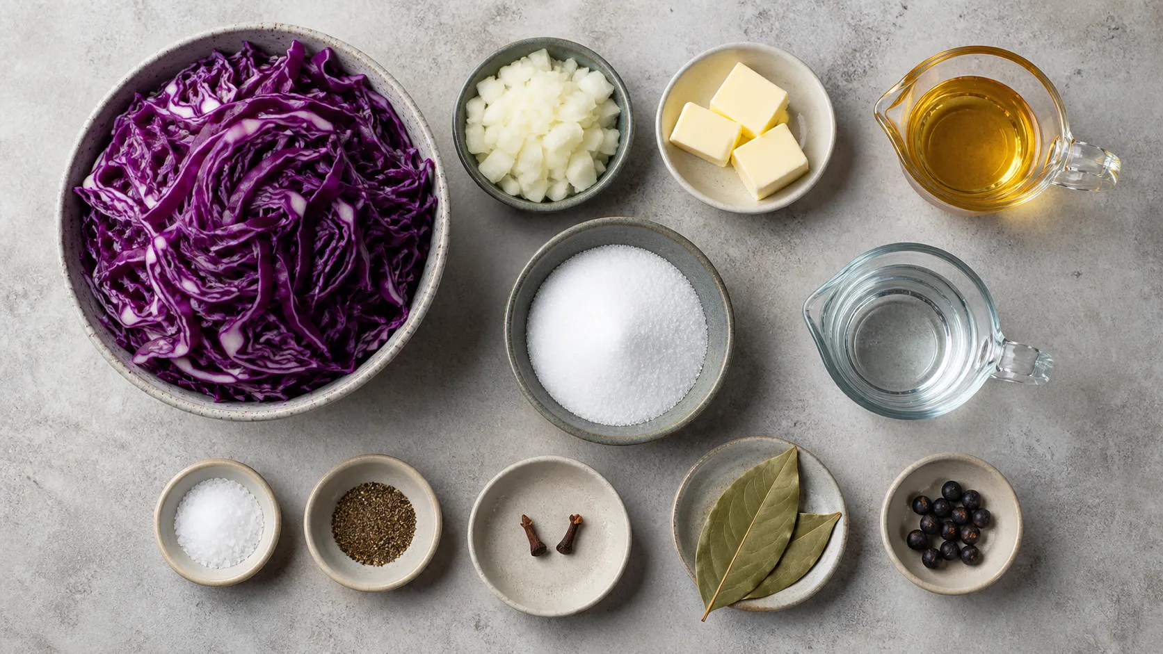 Zutaten für Keto-Rotkohl: fein gehobelter Rotkohl, Zwiebel, Butter, Apfelessig, Erythrit und Gewürze