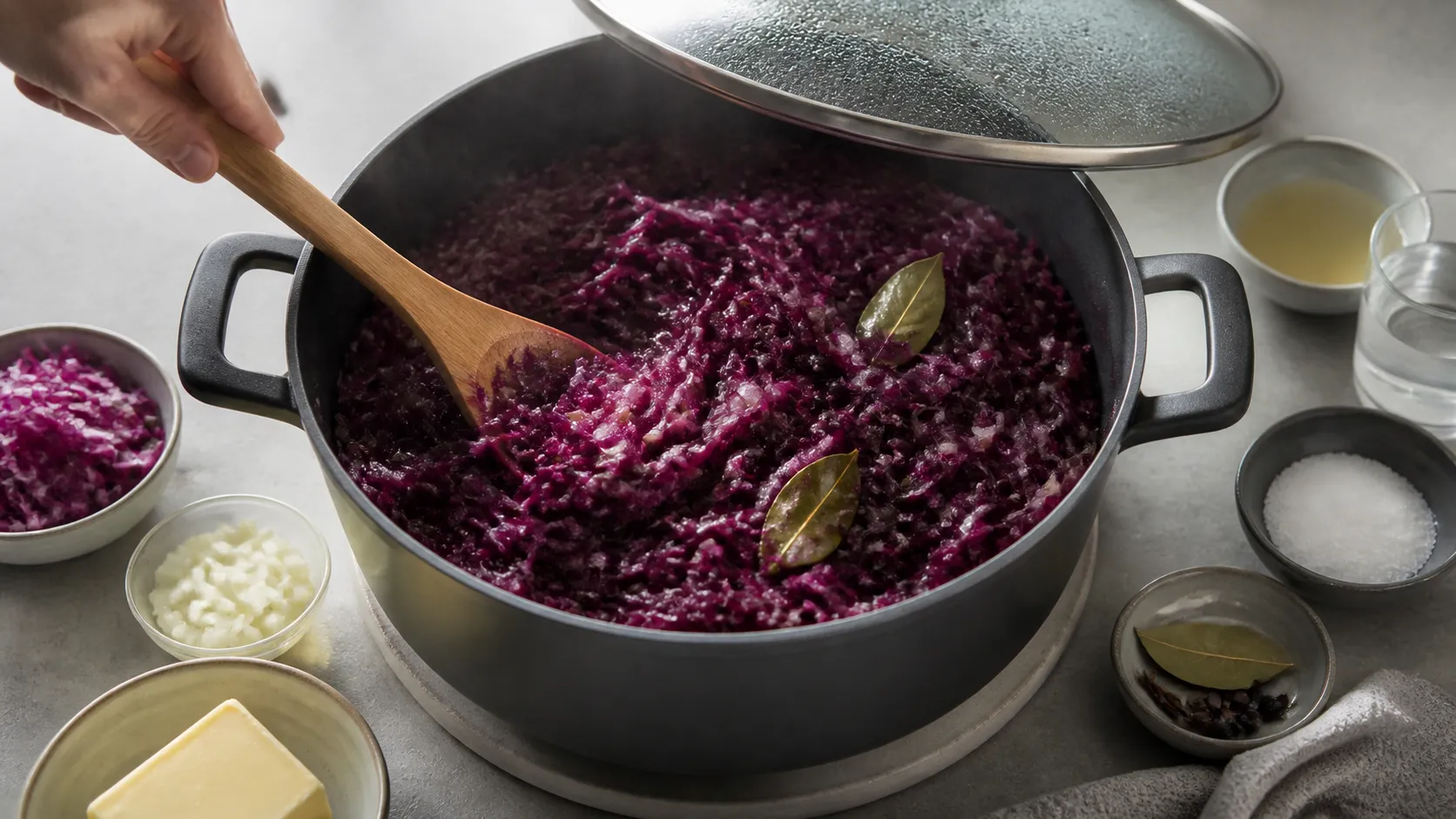 Rotkohl schmort zugedeckt in einem Topf und wird mit einem Holzlöffel umgerührt