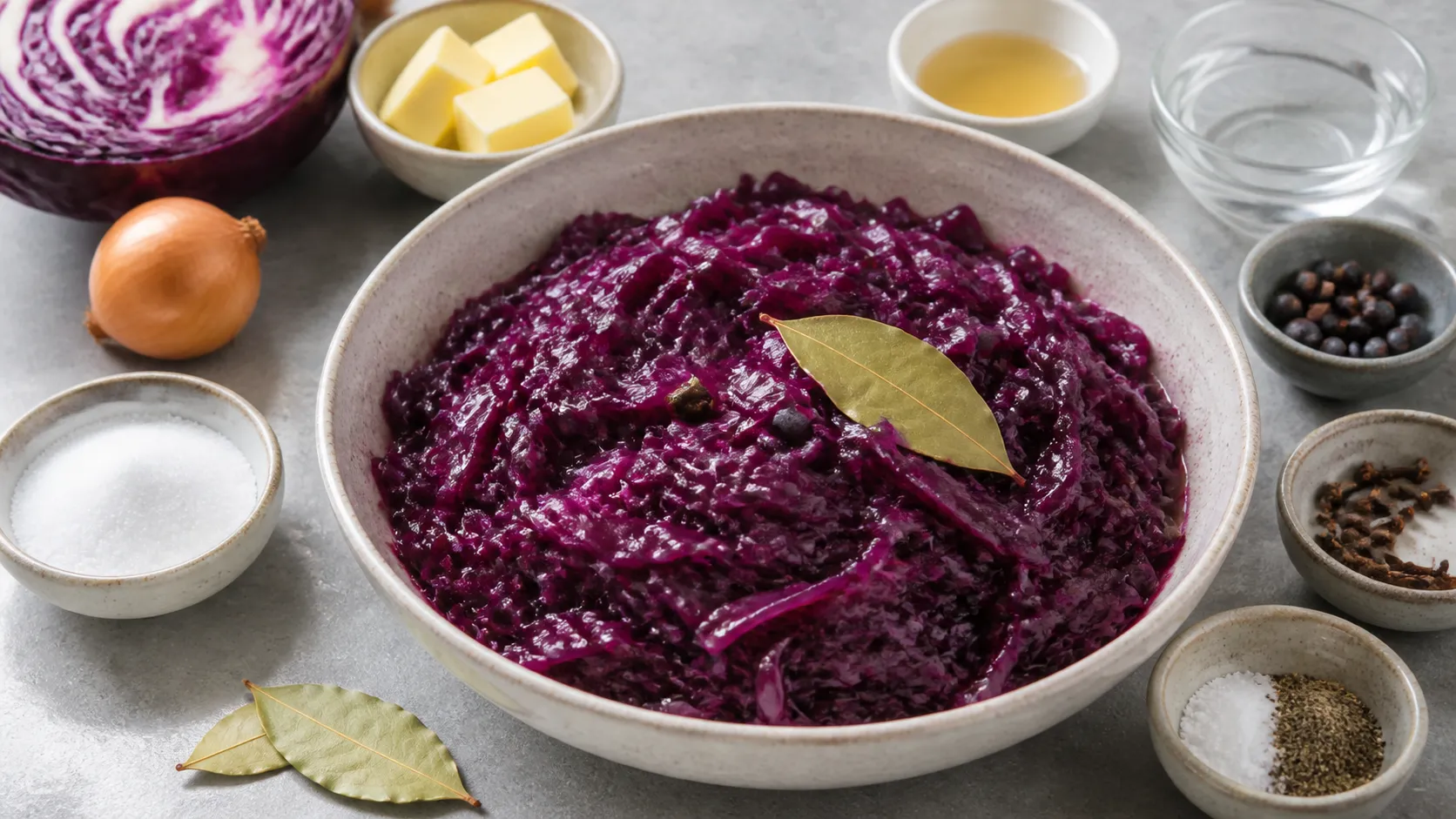 Keto-Rotkohl: tiefviolett geschmortes Blaukraut in einer Servierschale mit Lorbeerblatt und Gewürznelken