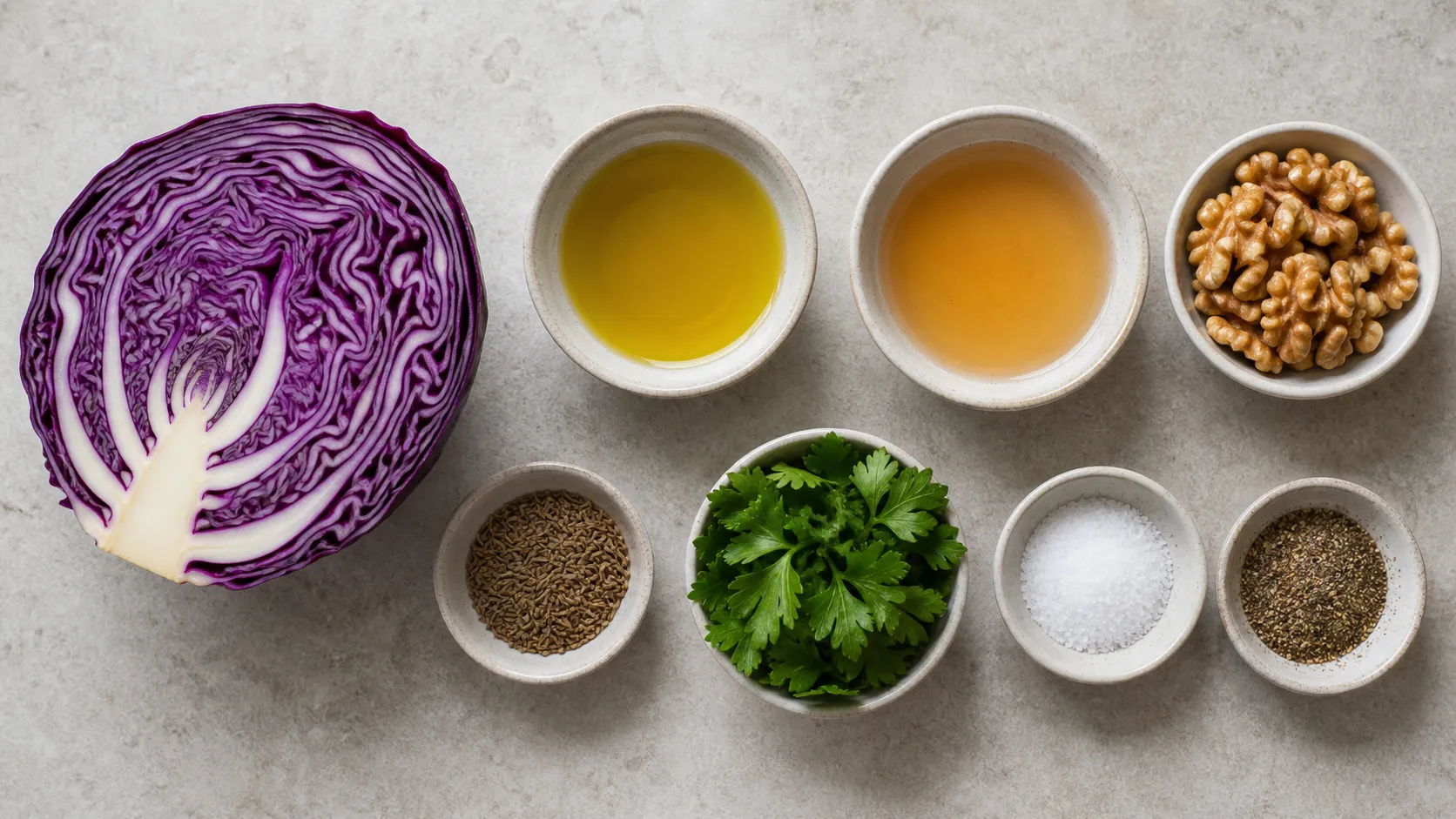 Zutaten für Keto-Rotkohlsalat: halber Rotkohl, Walnüsse, Apfelessig, Olivenöl, Kümmel und Petersilie