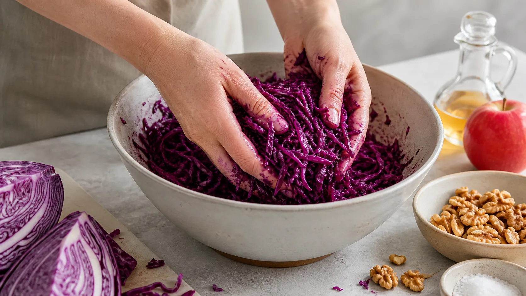 Fein gehobelter Rotkohl wird in einer Schüssel mit Salz durchgeknetet