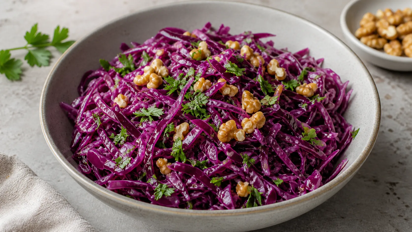 Schüssel mit fein gehobeltem Rotkohlsalat, Walnussstücken und Petersilie
