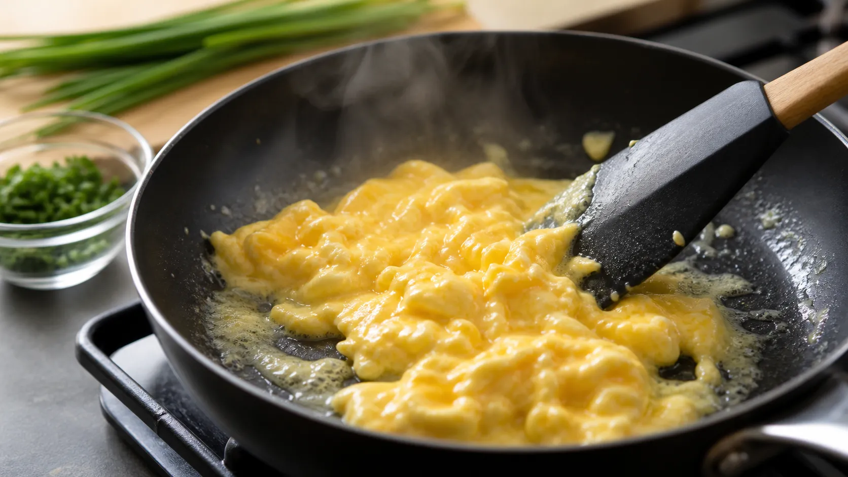 Rührei stockt langsam in Butter in der Pfanne und wird mit einem Pfannenwender geschoben