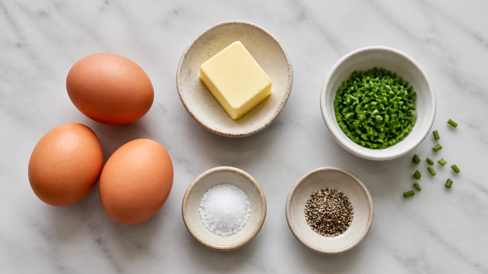 Zutaten für Keto-Rührei: Eier, Butter, Schnittlauch, Salz, Pfeffer