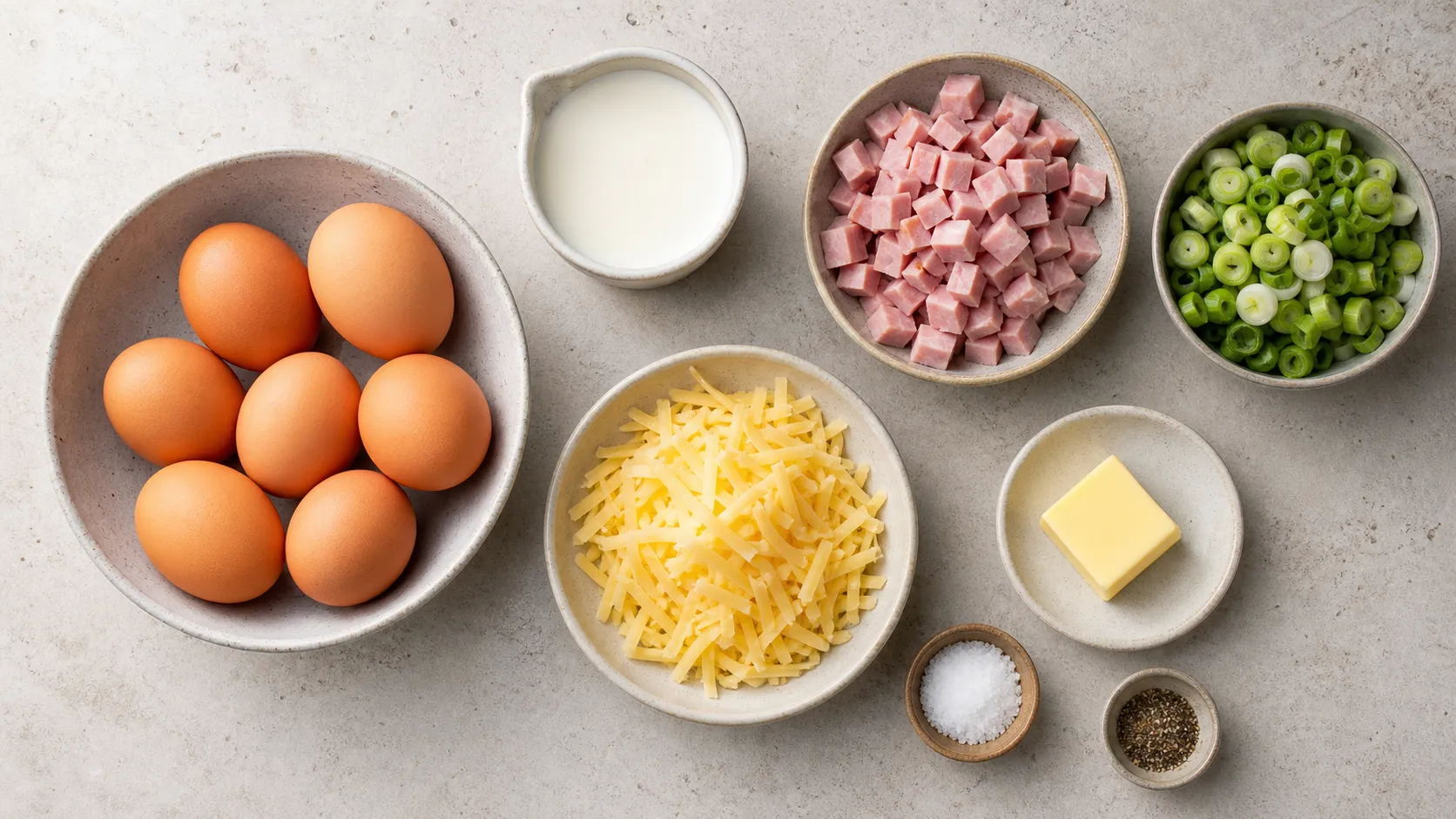 Zutaten für Keto-Rührei: Eier, Kochschinken, Frühlingszwiebeln, geriebener Gouda, Butter und Sahne