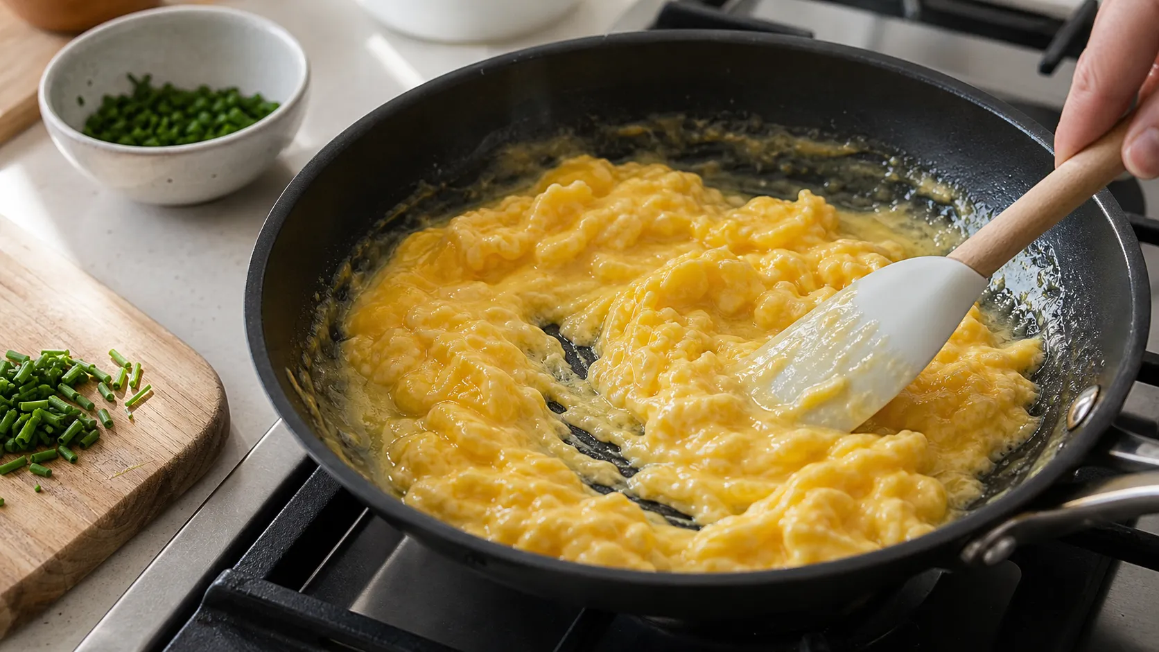 Rührei wird in Butter in der Pfanne gestockt
