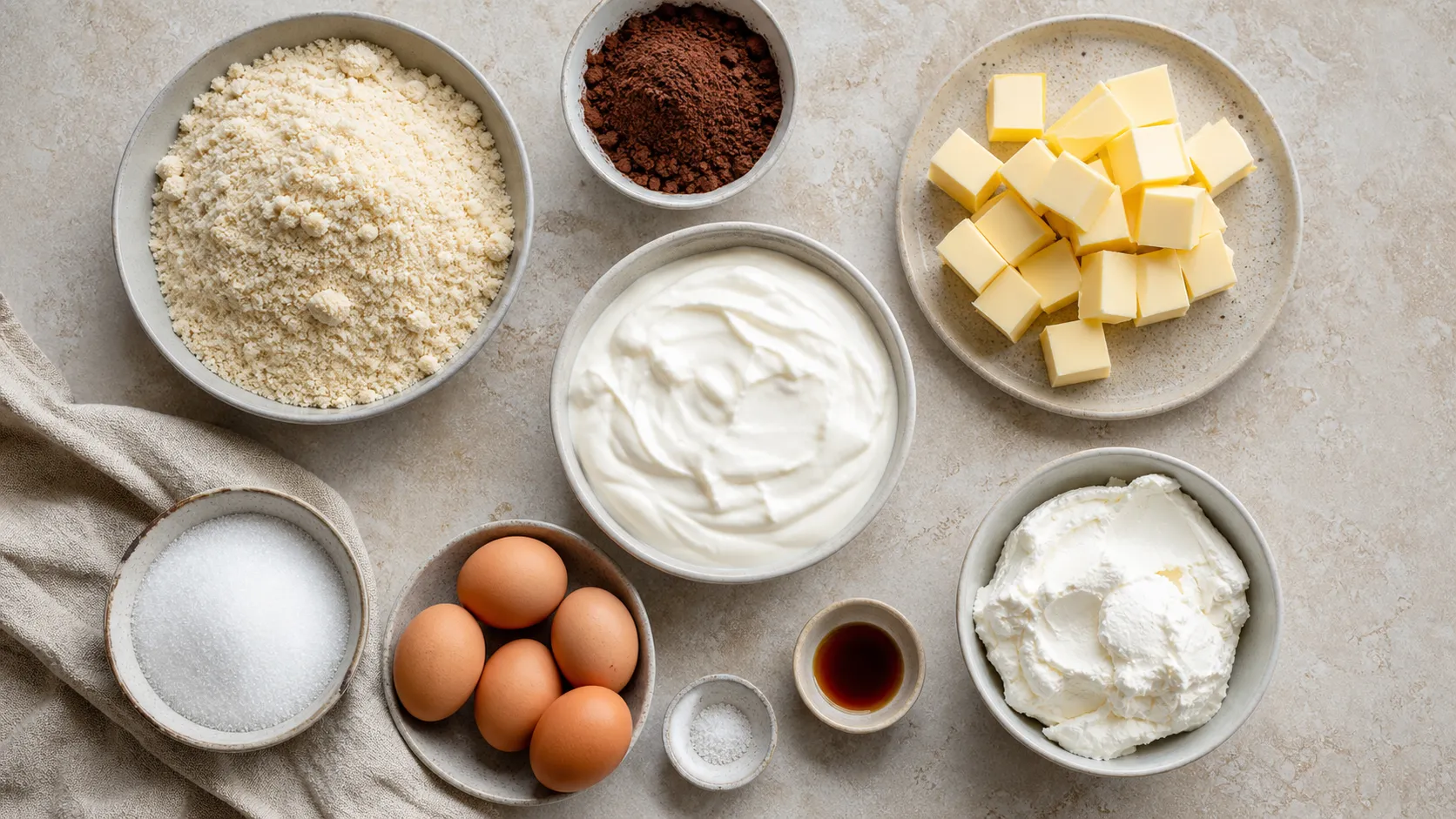 Zutaten für Keto Zupfkuchen: Mandelmehl, Kakao, Butter, Quark, Frischkäse, Eier und Erythrit