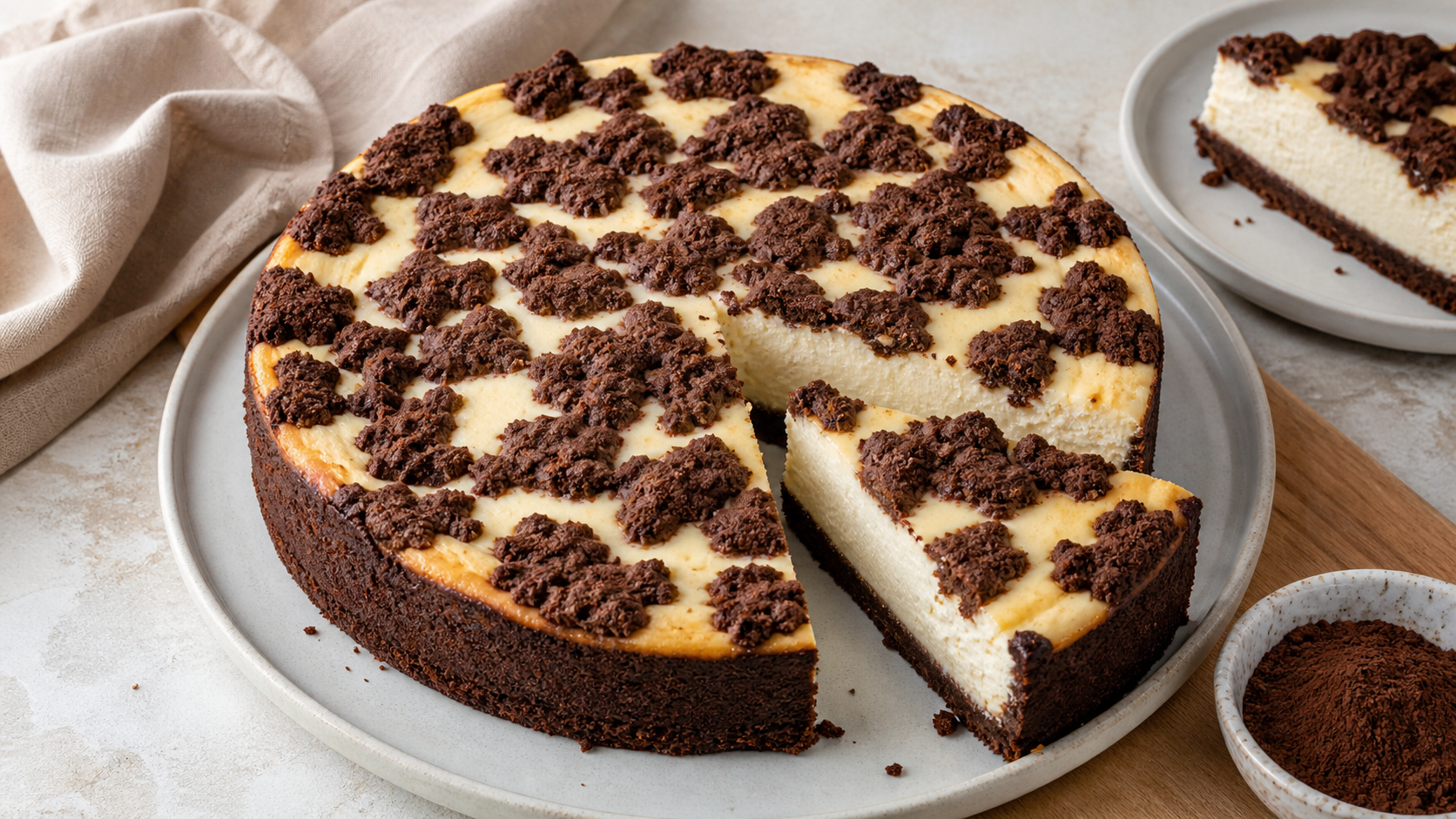 Keto Russischer Zupfkuchen mit heller Quarkfüllung und dunklen Teigbröseln