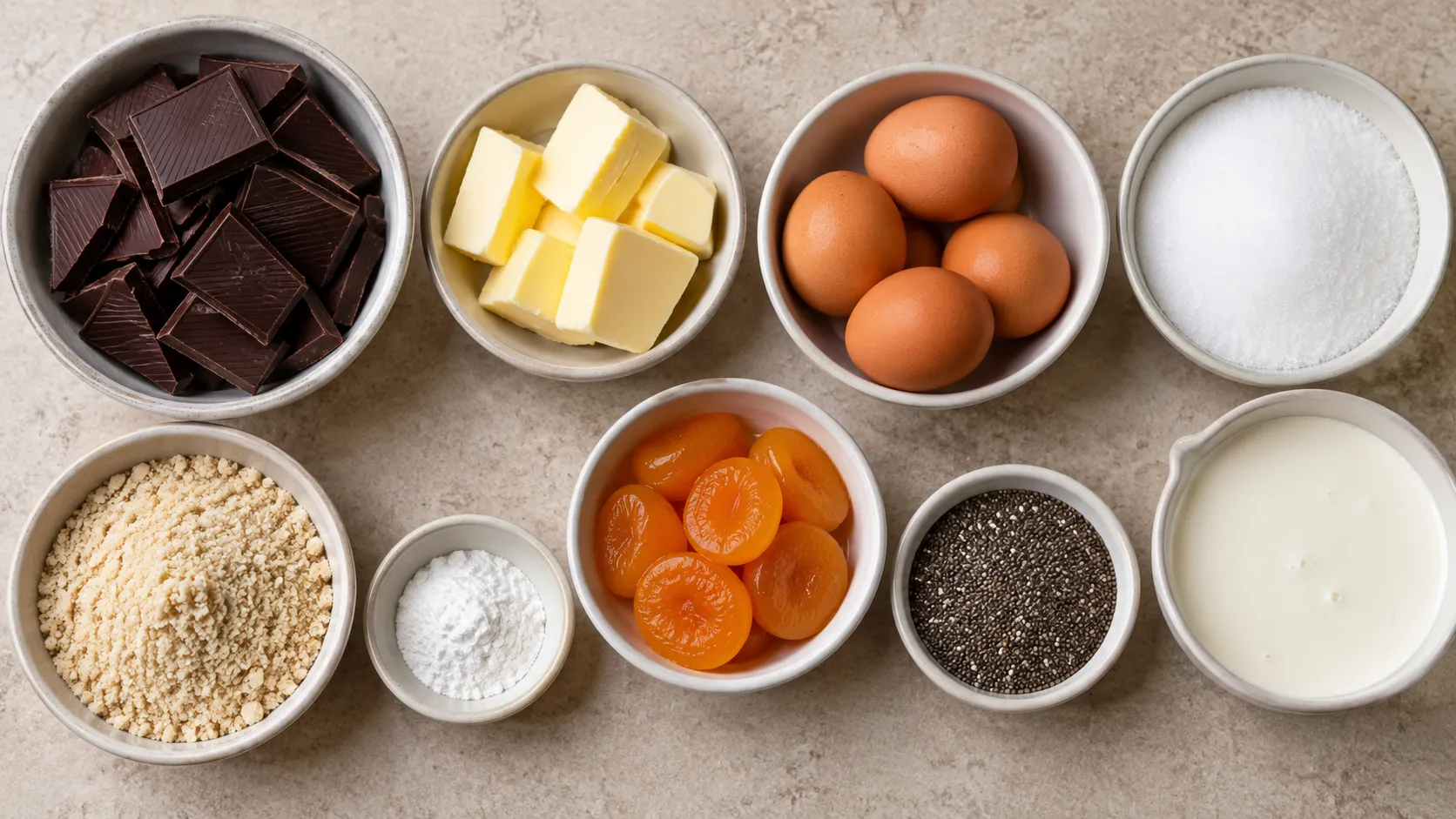 Zutaten für Keto-Sachertorte: Zartbitterschokolade, Butter, Eier, gemahlene Mandeln, Erythrit, frische Aprikosen und Chiasamen