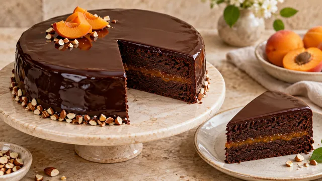 Angeschnittene Keto-Sachertorte mit glänzender dunkler Schokoglasur und sichtbarer Aprikosenschicht, daneben ein Klecks Schlagsahne