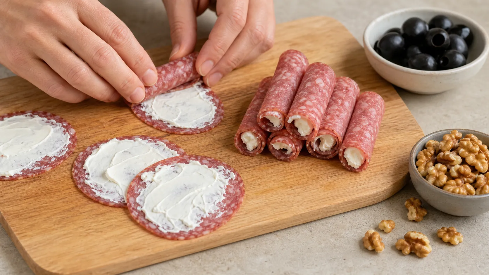 Salami-Scheiben werden mit Frischkäse bestrichen und zu Keto-Röllchen aufgerollt