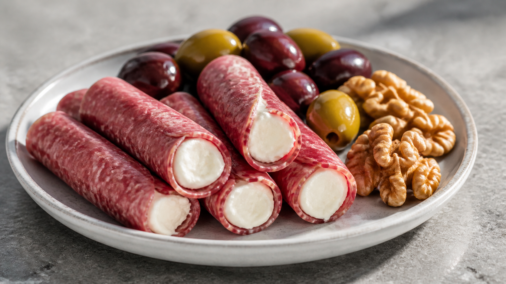 Keto Salami-Frischkäse-Röllchen mit Oliven und Walnüssen auf einem Frühstücksteller