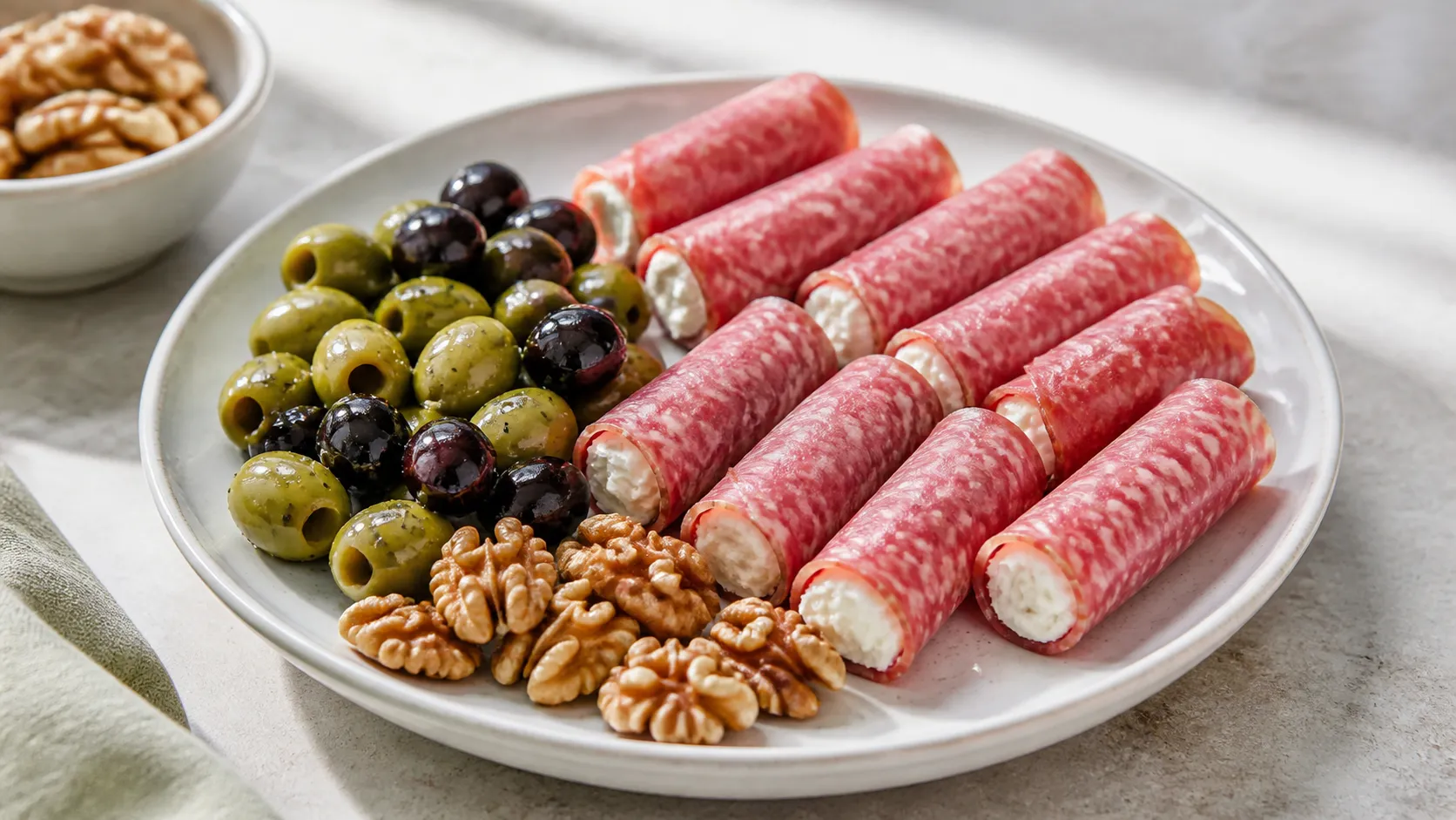 Keto-Frühstücksteller mit Salami-Frischkäse-Röllchen, Oliven und Walnüssen