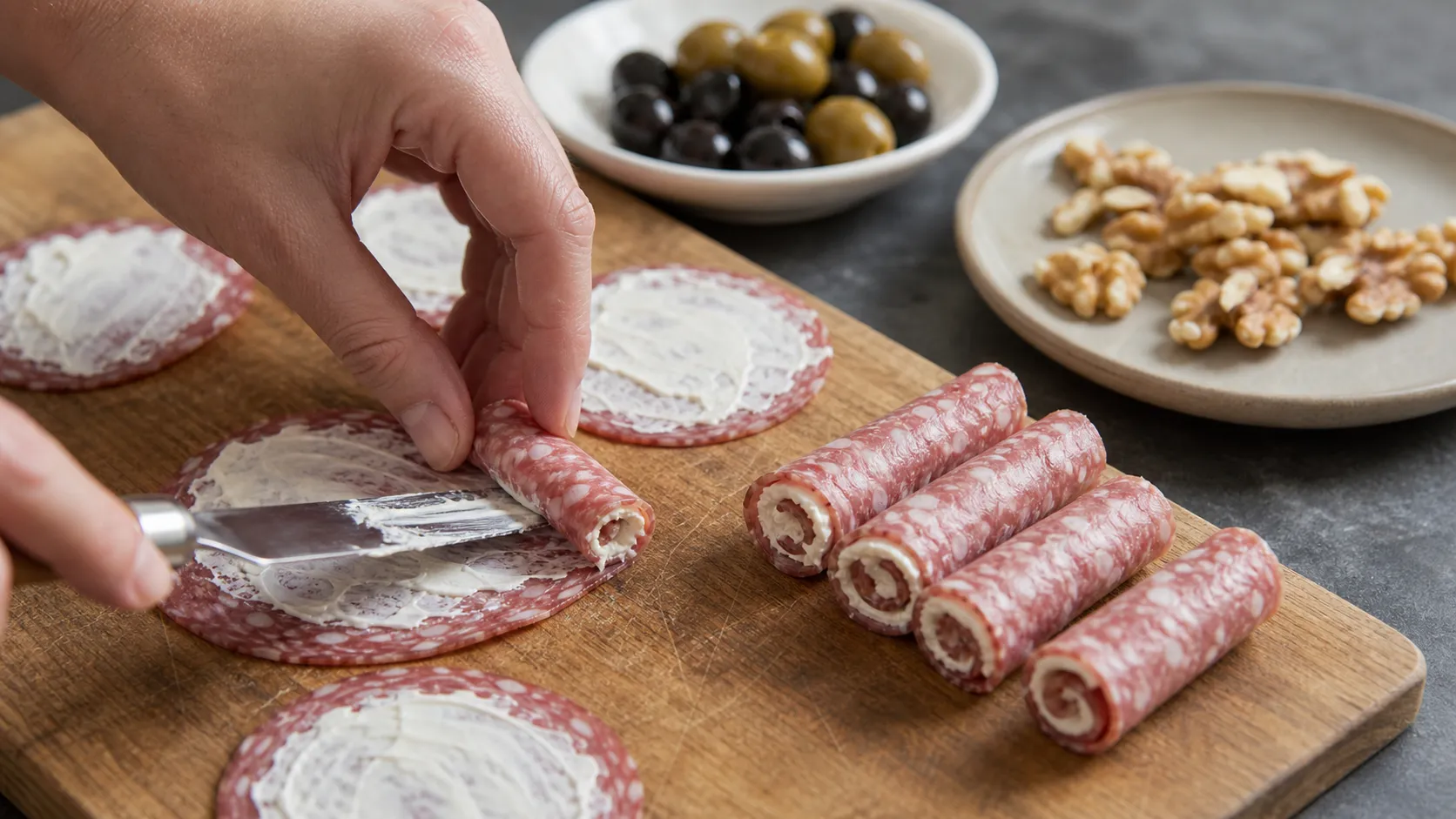Salami-Scheiben werden mit Frischkäse bestrichen und gerollt