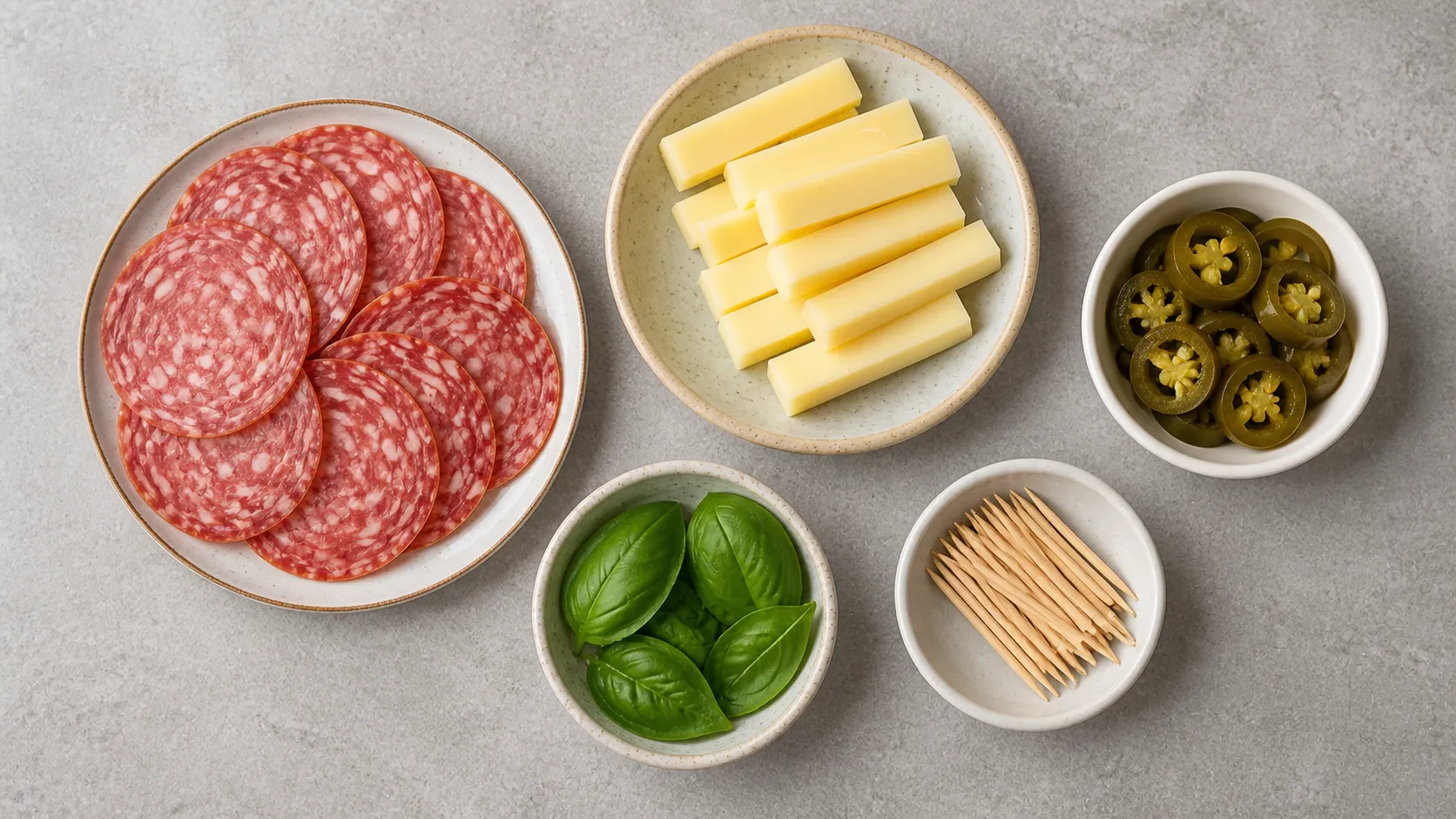 Zutaten für Keto Salami-Manchego-Röllchen mit Jalapeños und Basilikum