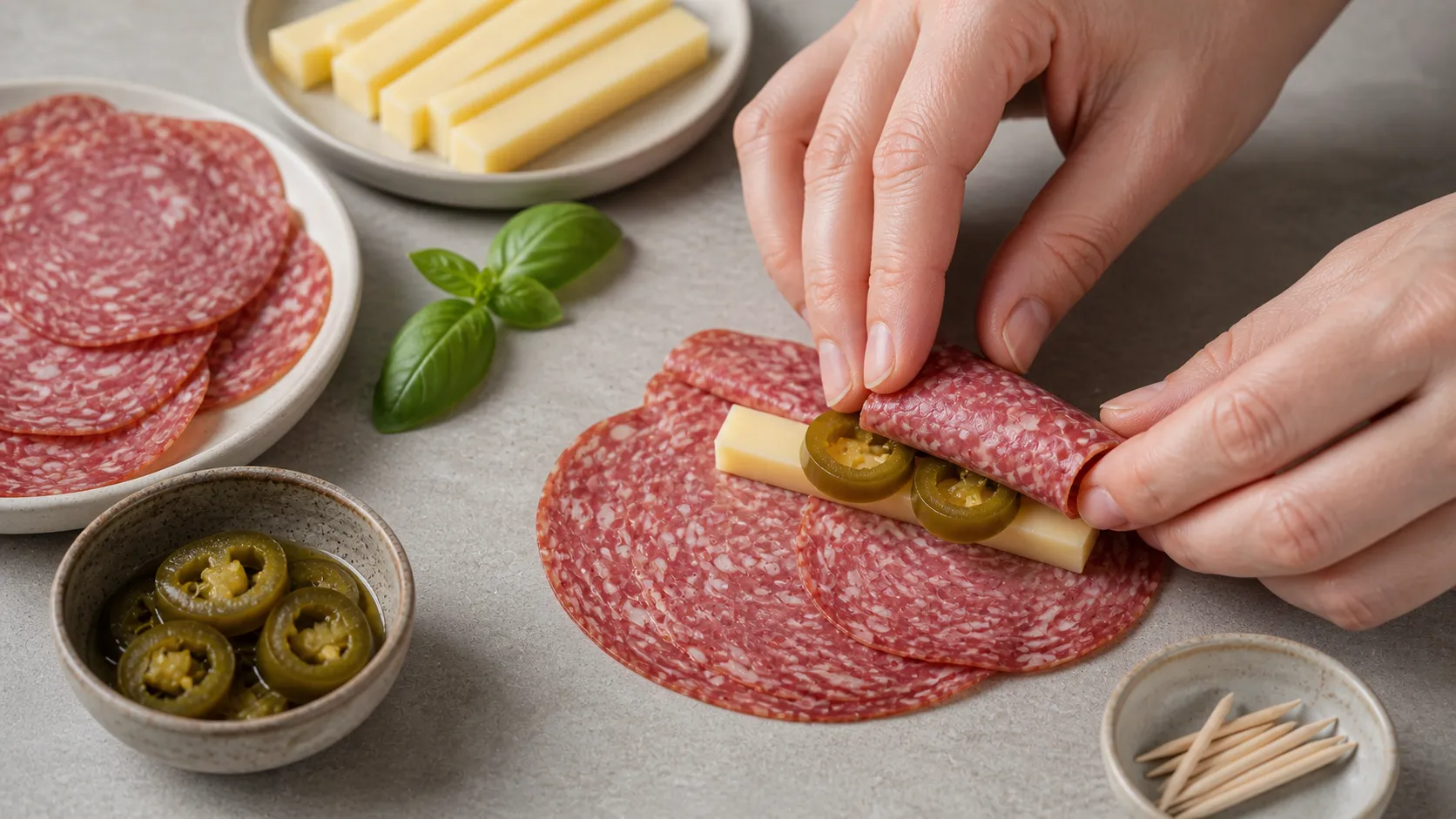 Salami wird um Manchego und Jalapeños zu Keto Snack-Röllchen gerollt