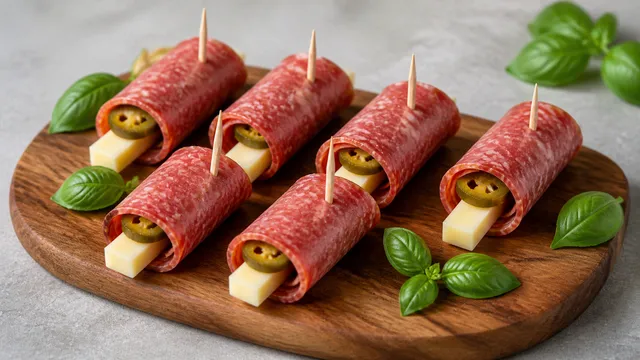 Keto Salami-Manchego-Röllchen mit Jalapeños und Zahnstochern auf Holzbrett