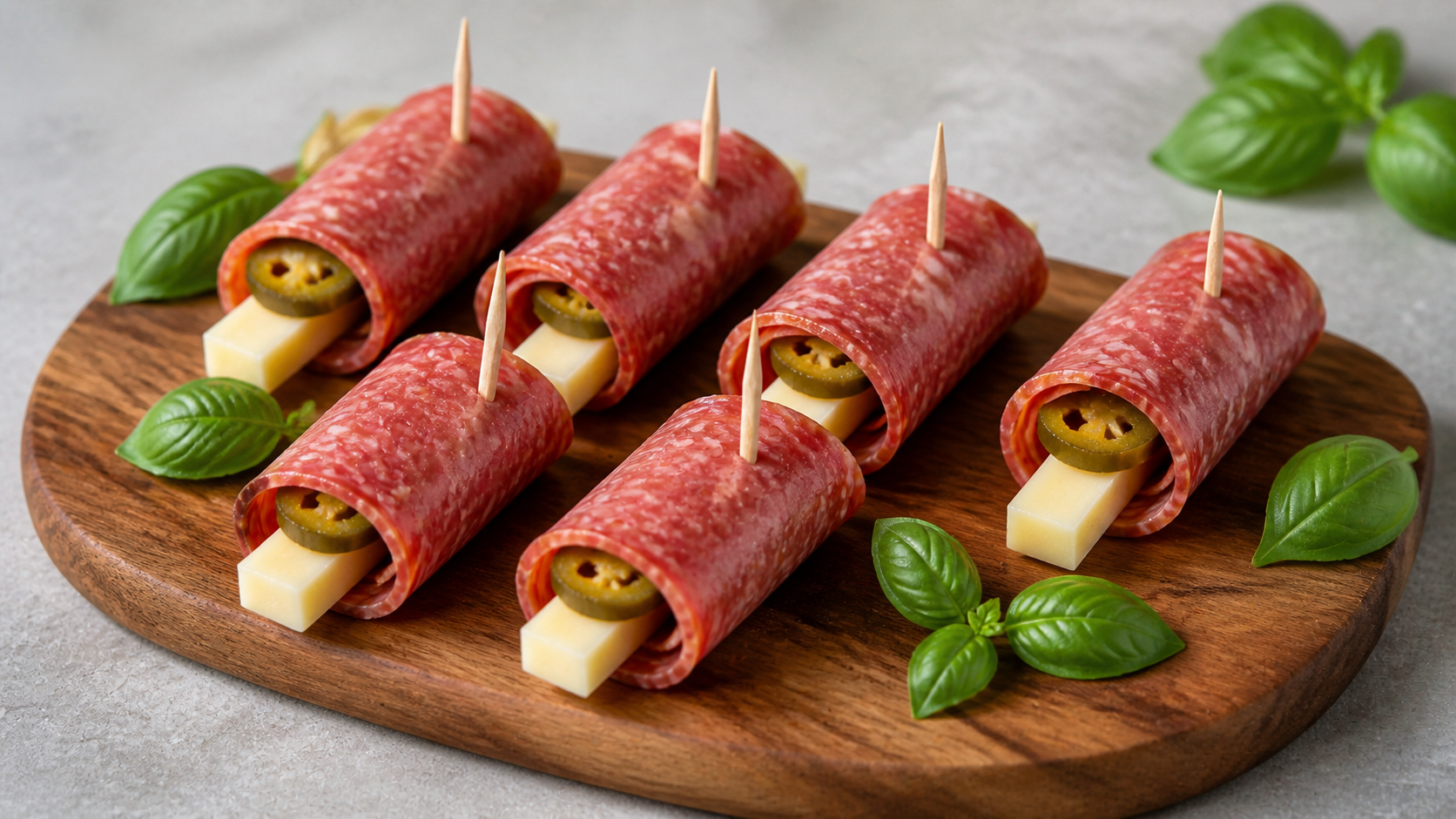 Keto Salami-Manchego-Röllchen mit Jalapeños und Zahnstochern auf Holzbrett