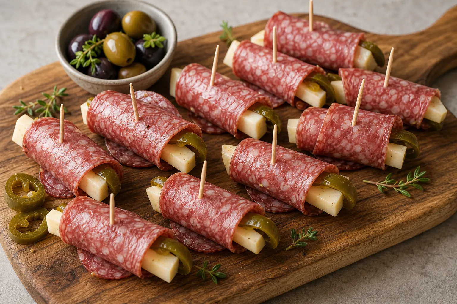Keto Salami-Manchego-Röllchen mit Jalapeños auf einem Holzbrett angerichtet