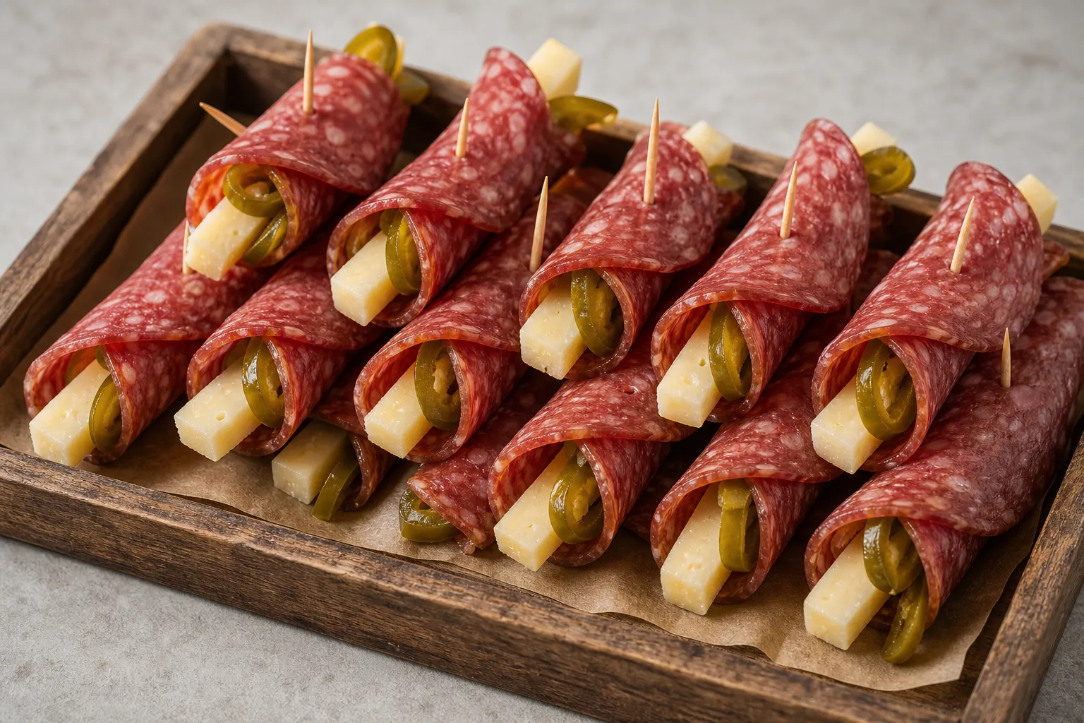 Fertige Keto Snack-Röllchen mit Jalapeños auf einem Brett angerichtet