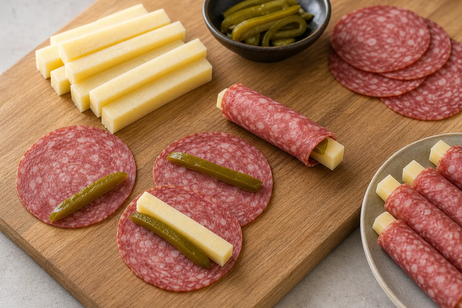 Manchego in Stäbchen schneiden und mit Salami-Scheiben einrollen