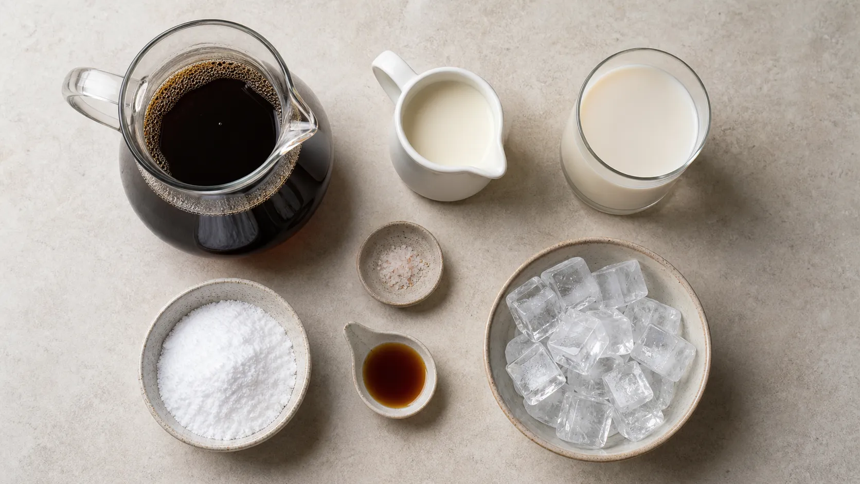 Zutaten für Keto-Salted-Caramel-Eiskaffee: kalter Kaffee, Sahne, Erythrit, Salz und Vanille