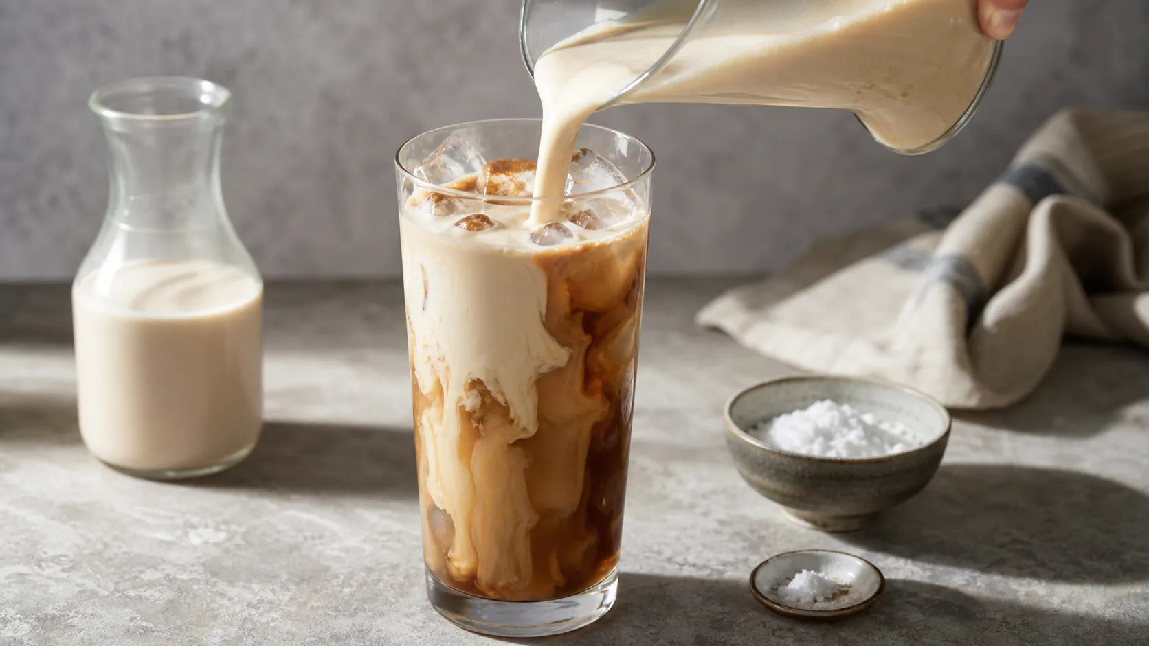 Sahne und zuckerfreier Karamellsirup werden in ein Glas mit kaltem Kaffee und Eiswürfeln gegossen