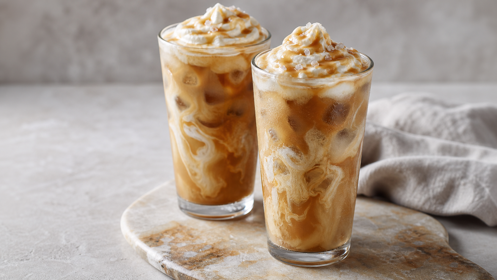 Keto-Salted-Caramel-Eiskaffee mit Sahnehaube und Karamellnote im Glas mit Eiswürfeln