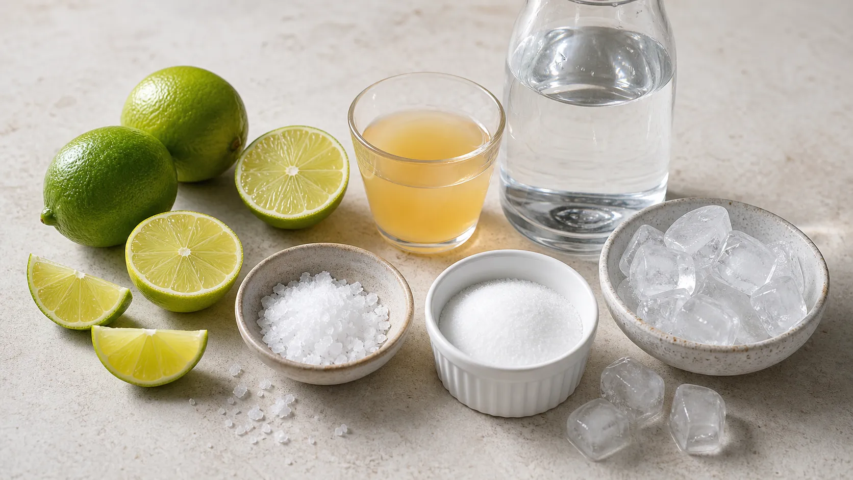 Limetten, Meersalz, Apfelessig, Erythrit und Wasser für den Keto-Elektrolyt-Drink