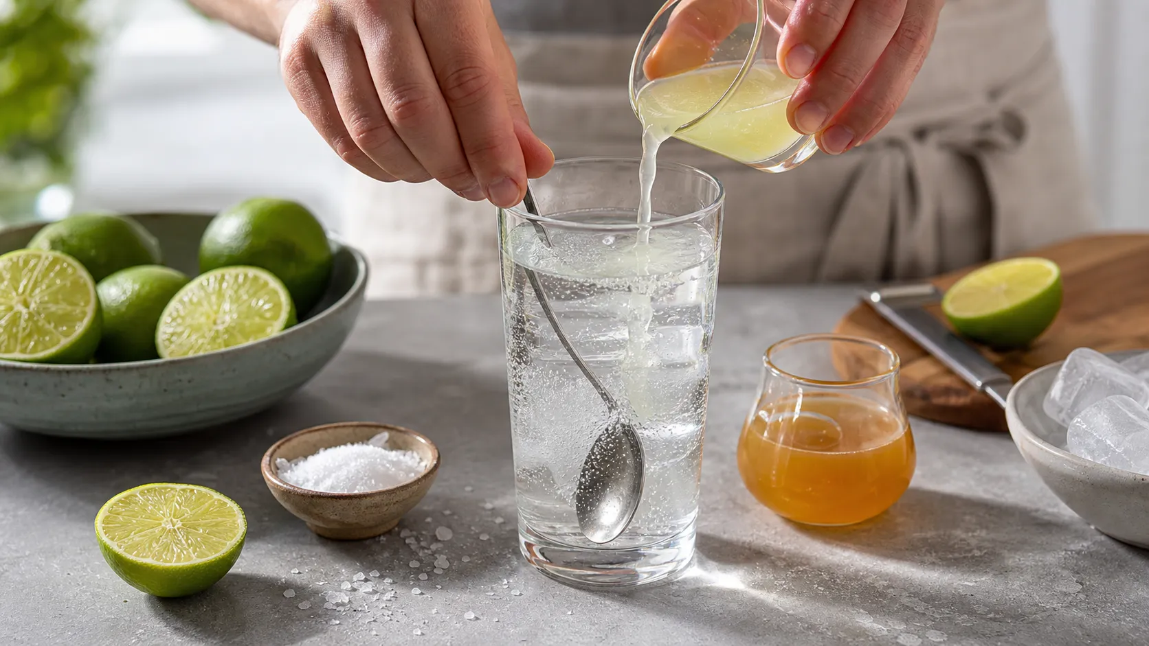 Limettensaft wird in ein Glas mit Meersalz und Wasser gegeben