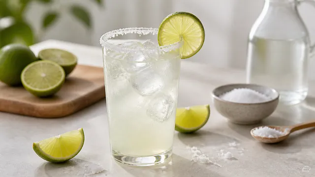 Keto Salz-Limetten-Elektrolyt-Drink in einem Glas mit Limettenscheibe, Meersalzflocken am Rand und Eiswürfeln