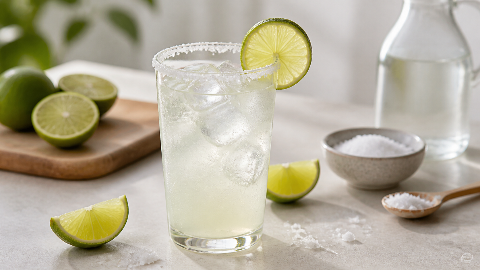 Keto Salz-Limetten-Elektrolyt-Drink in einem Glas mit Limettenscheibe, Meersalzflocken am Rand und Eiswürfeln