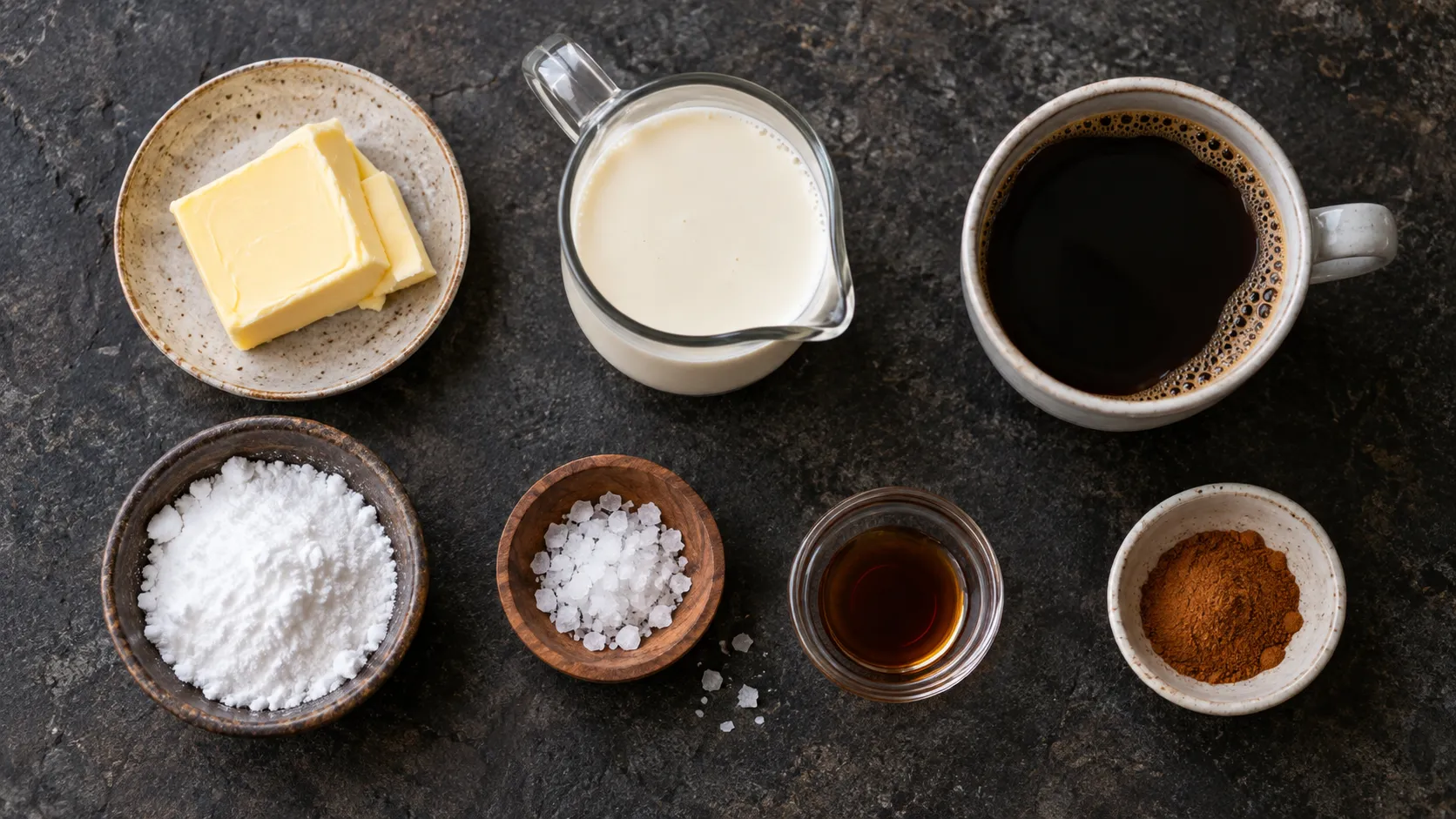 Zutaten für Keto-Salzkaramell-Latte: Butter, Sahne, Erythrit, Meersalz, Vanille und heißer Kaffee