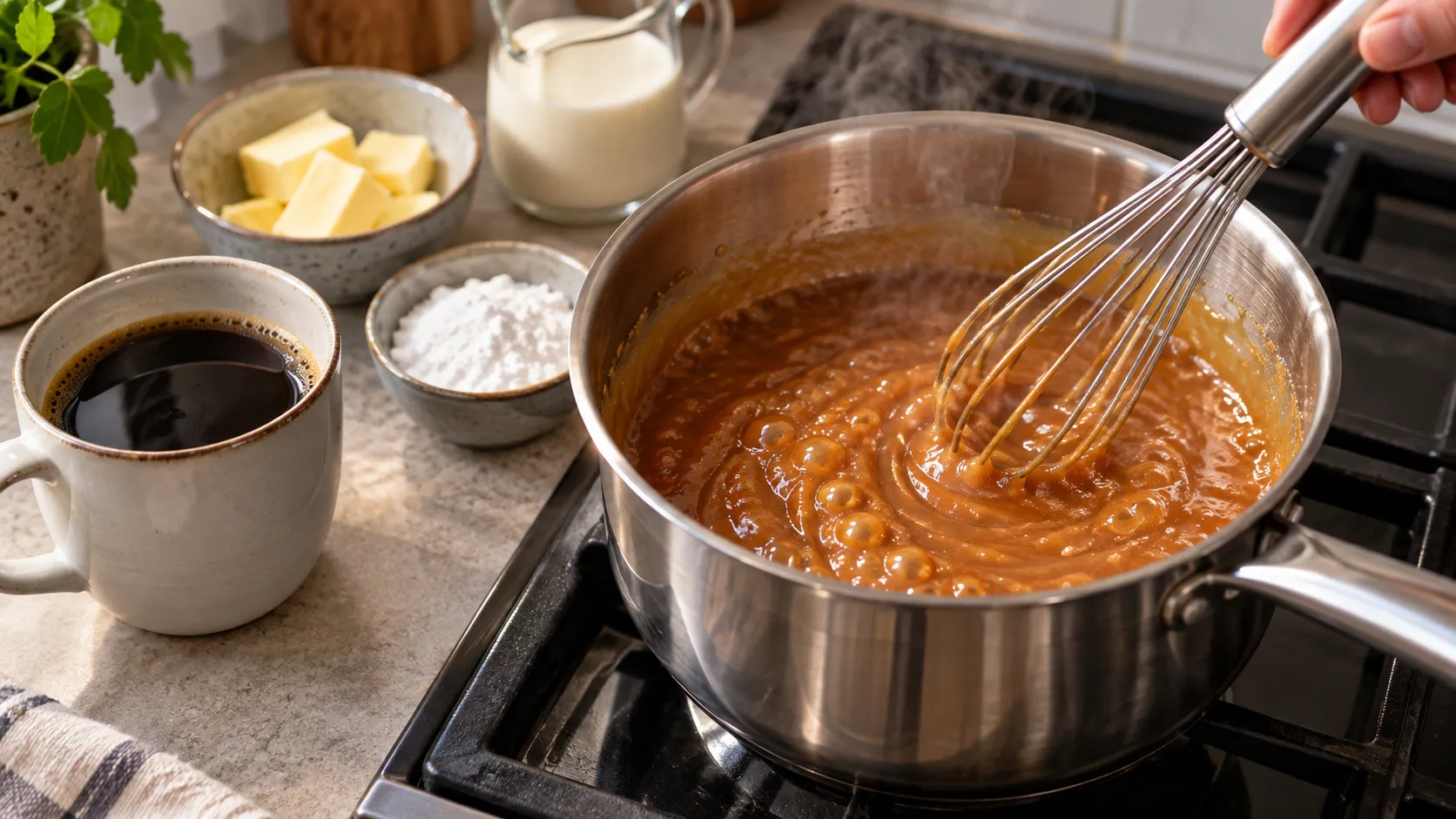 Zuckerfreies Karamell köchelt im kleinen Topf und wird mit einem Schneebesen gerührt