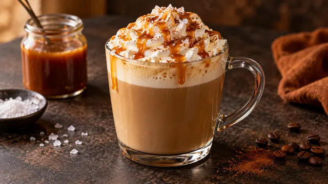 Keto-Salzkaramell-Latte im Glas mit Sahnehaube, Karamellfaden und Salzflocken