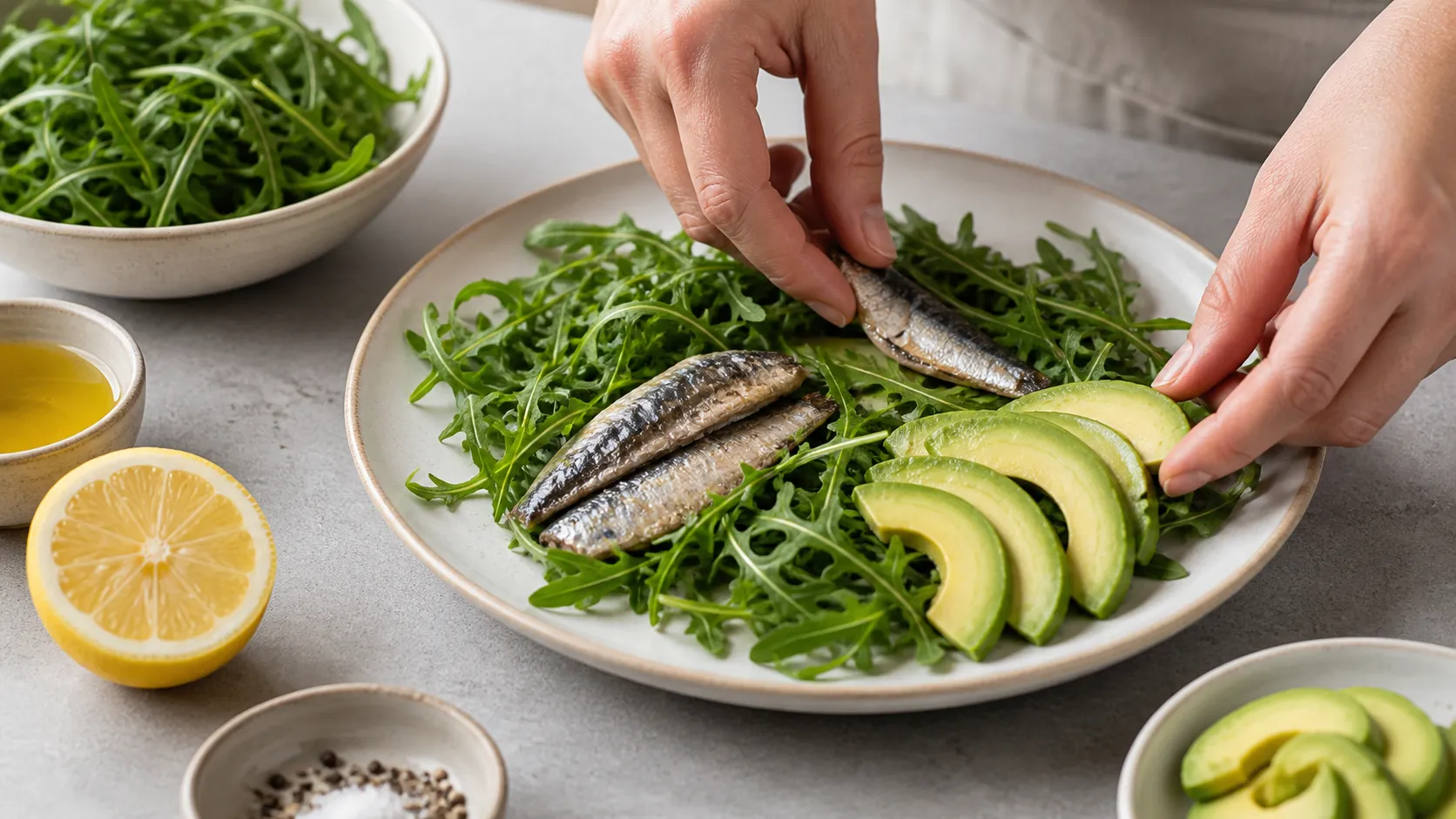 Avocado und Sardinen werden auf Rucola für Keto Sardinen-Avocado-Salat angerichtet