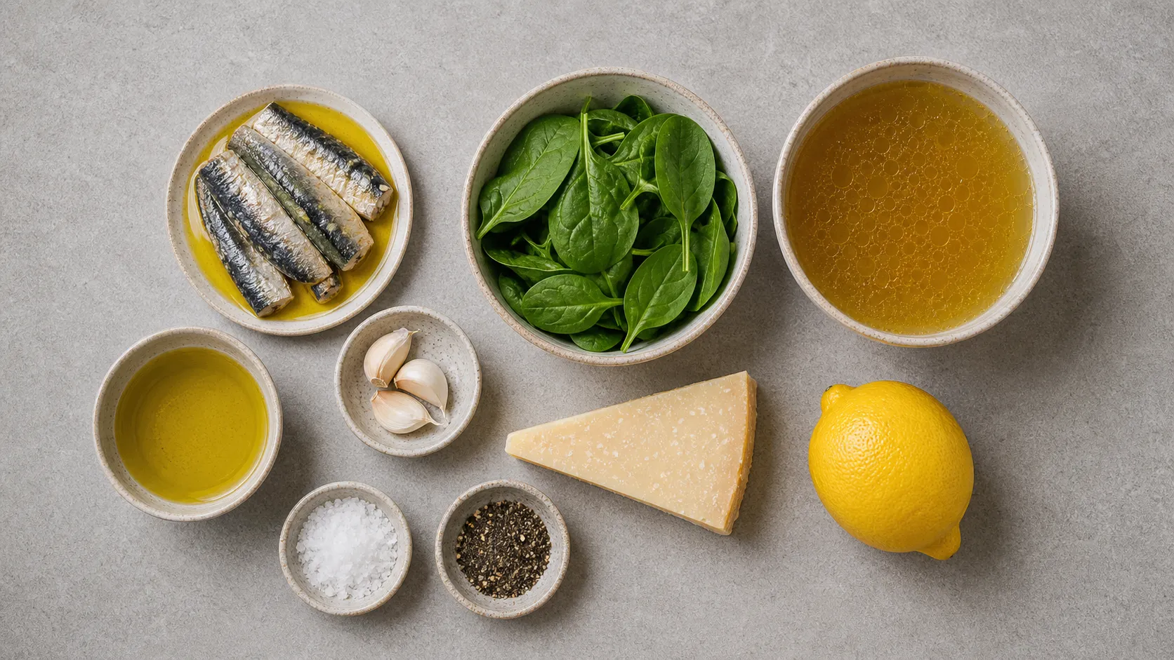 Zutaten für Keto Sardinen-Knochenbrühe-Suppe: Sardinendose, Knochenbrühe, Babyspinat, Parmesan und Olivenöl