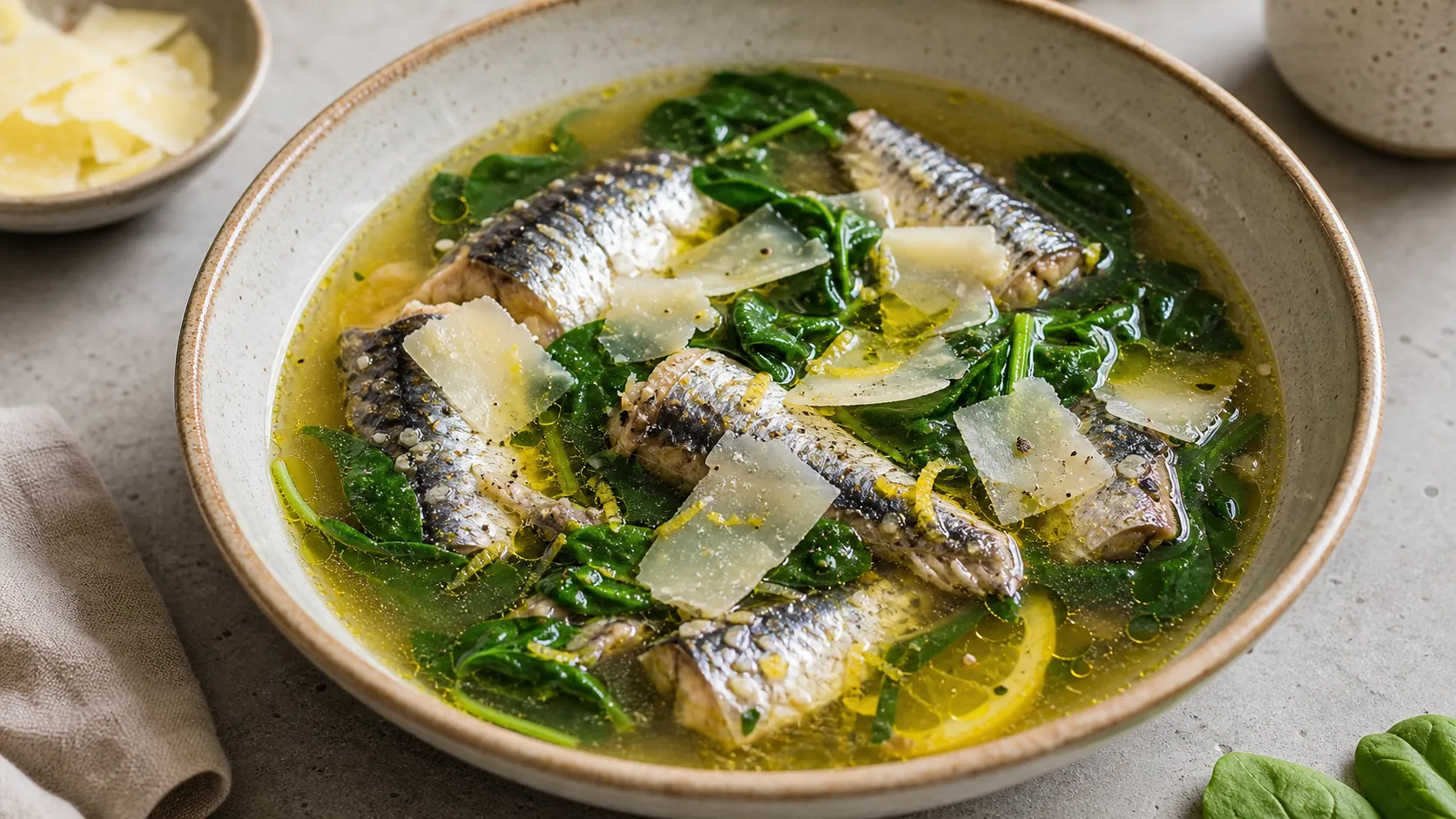 Keto Sardinen-Knochenbrühe-Suppe in einer tiefen Schüssel mit Sardinenfilets, frischem Spinat, Parmesan-Spänen und Olivenöl