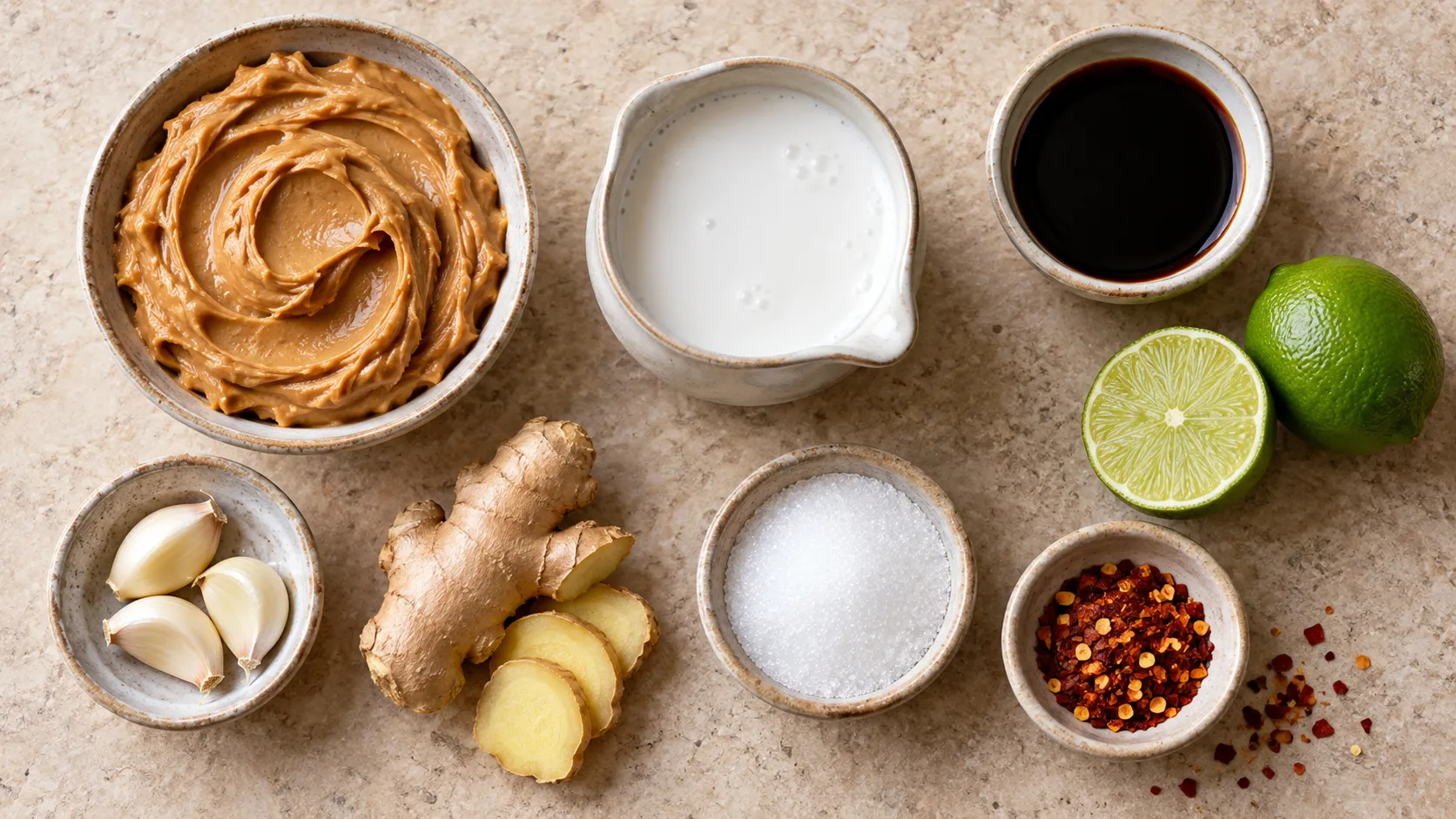 Zutaten für Keto-Satay-Sauce: ein Glas ungesüßtes Erdnussmus, eine Dose Kokosmilch, Sojasauce, eine Limette, Ingwer, Knoblauchzehen, Erythrit und Chiliflocken