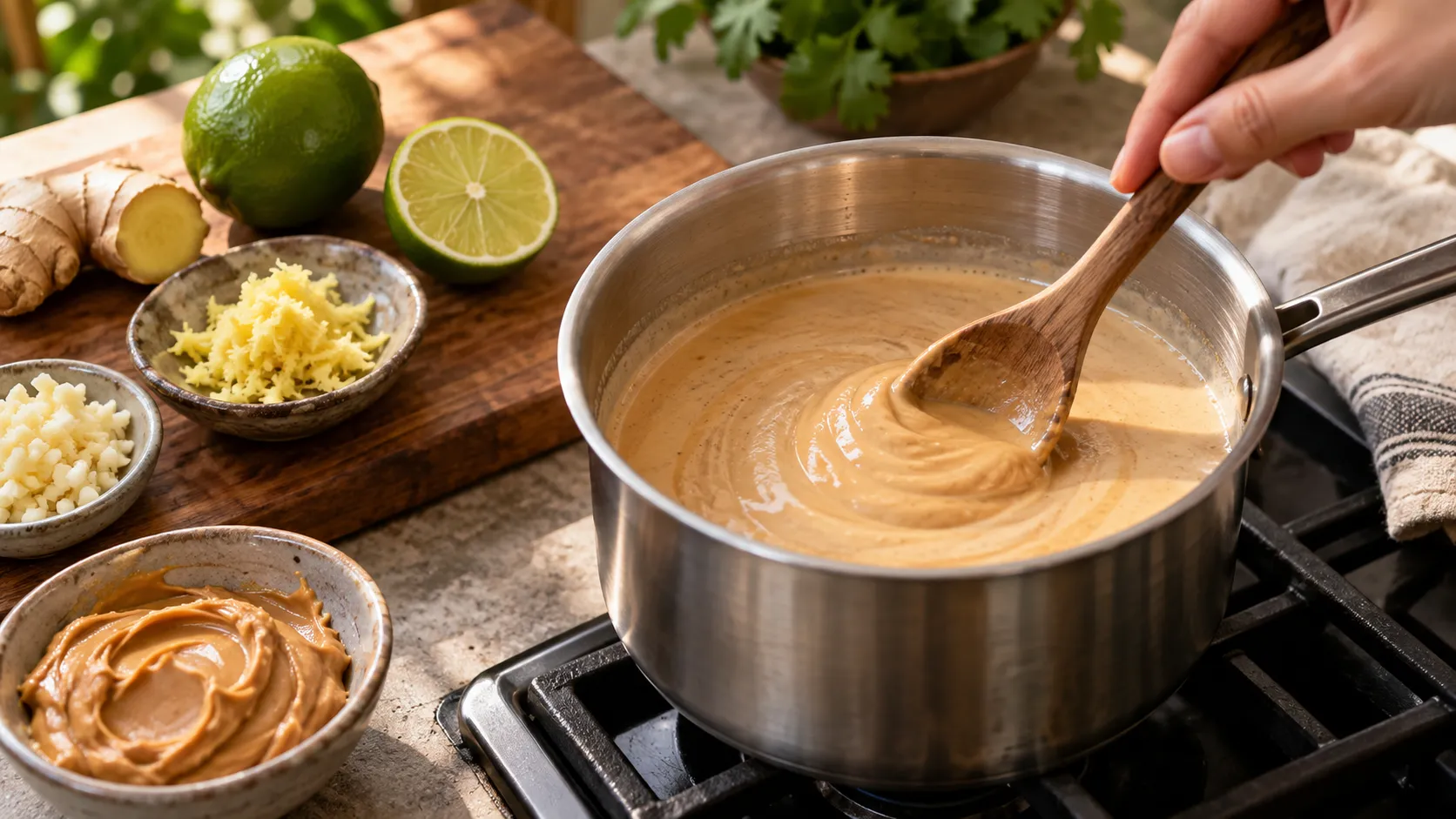 Erdnussmus wird in einem Topf mit warmer Kokosmilch mit dem Schneebesen glatt gerührt, die Sauce bindet sichtbar