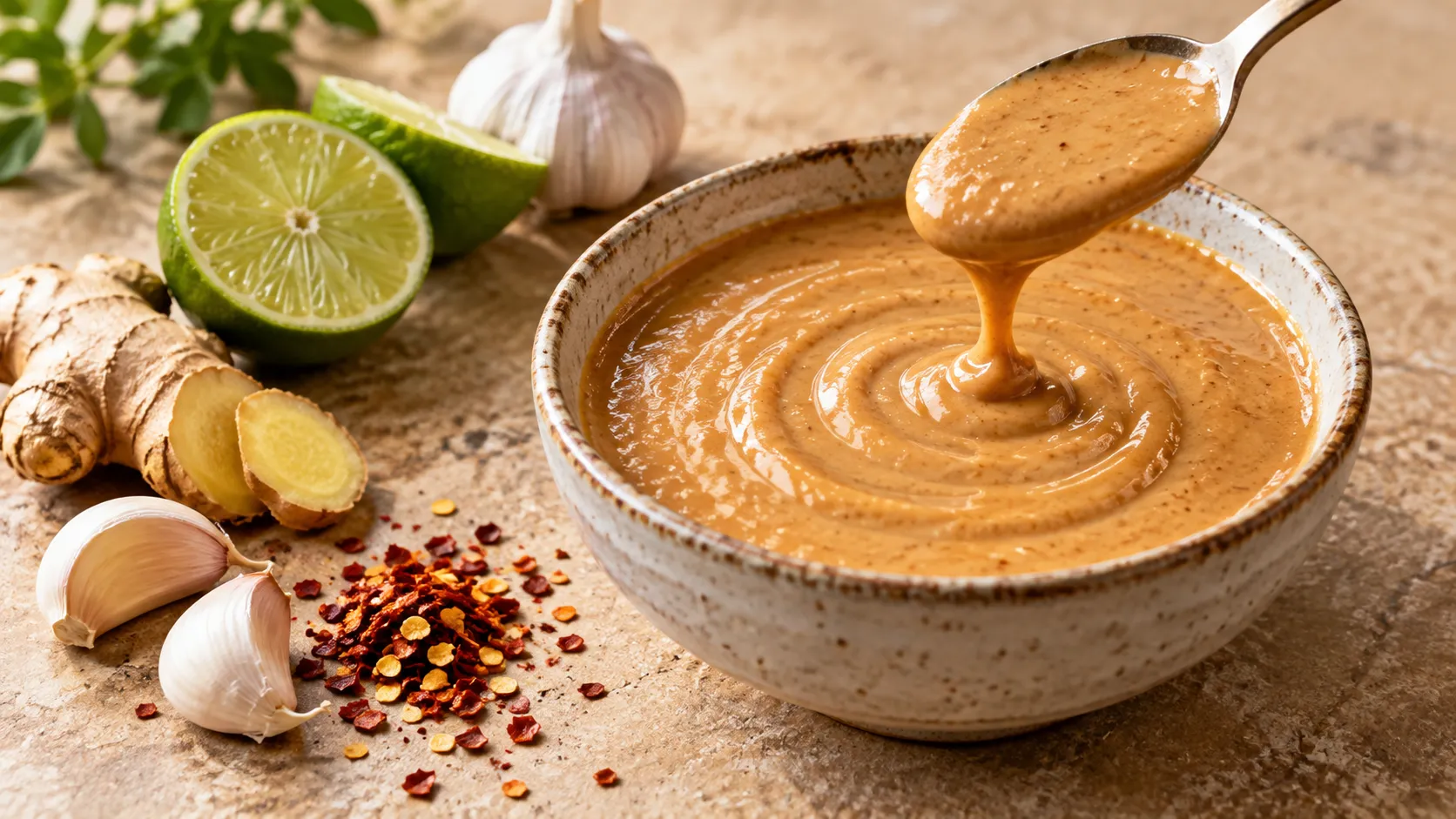 Hellbraune, dickflüssige Keto-Satay-Sauce in einer Schale, mit gehackten Erdnüssen und Chiliflocken bestreut, daneben Hähnchenspieße
