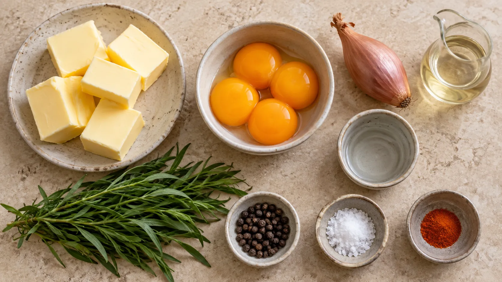 Zutaten für Keto-Sauce Béarnaise: Eigelbe in einer Schale, Butterwürfel, eine Schalotte, frischer Estragon, Weißweinessig, Pfefferkörner und Salz