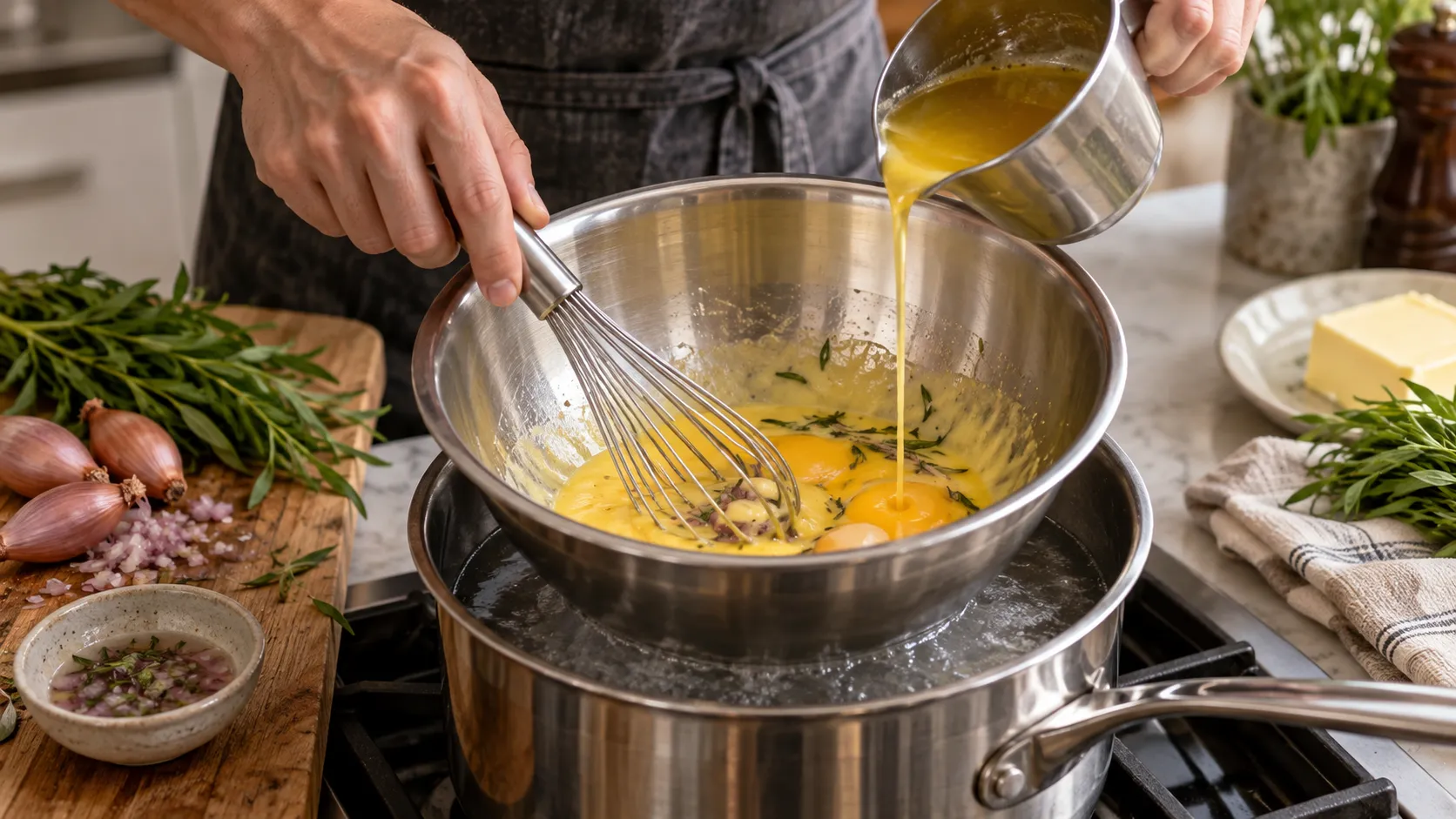 Eigelb wird in einer Metallschüssel über dem Wasserbad mit einem Schneebesen schaumig geschlagen, während flüssige Butter zulaufen gelassen wird
