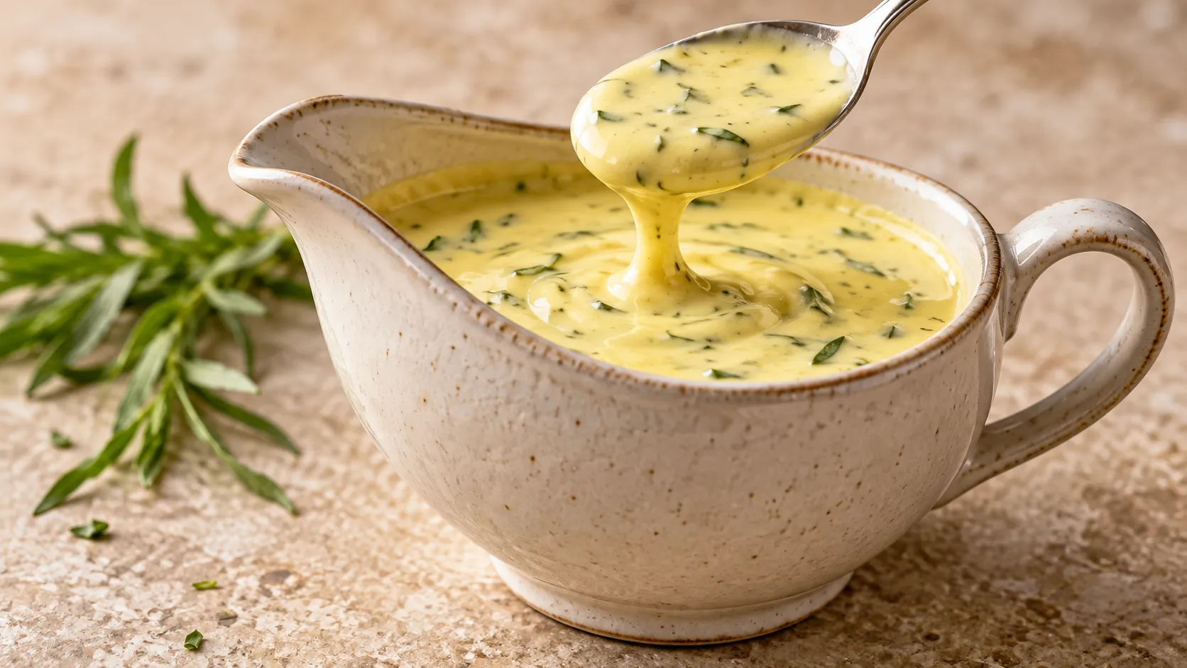 Hellgelbe, dickflüssige Keto-Sauce Béarnaise in einem Saucierchen, mit gehacktem Estragon bestreut, daneben ein angeschnittenes Steak