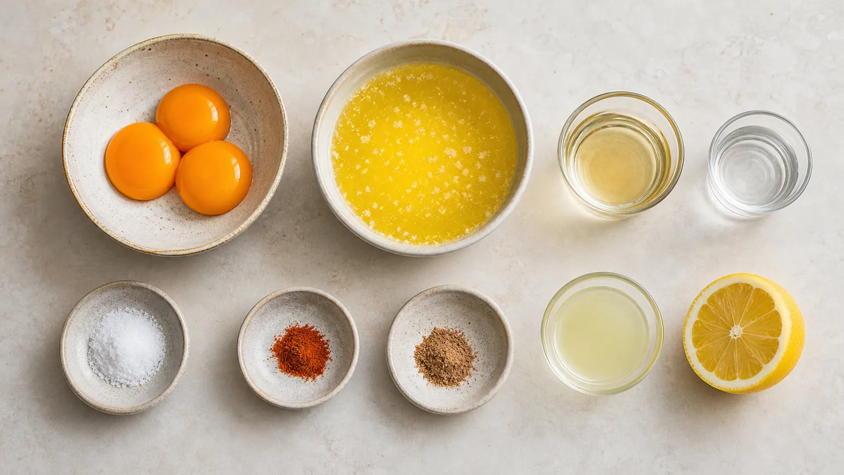Zutaten für Keto Sauce hollandaise: Eigelb, Butter, Weißweinessig, Zitrone und Gewürze