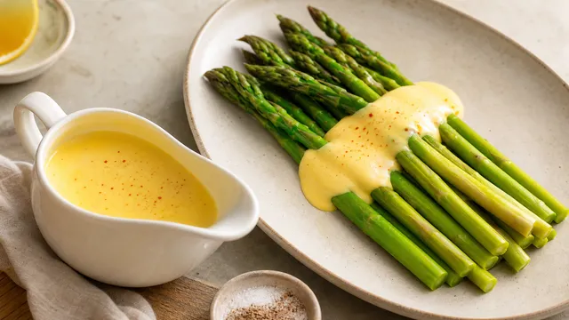 Cremige Keto Sauce hollandaise in einer Sauciere neben grünem Spargel