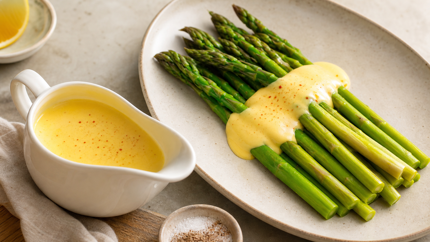 Cremige Keto Sauce hollandaise in einer Sauciere neben grünem Spargel